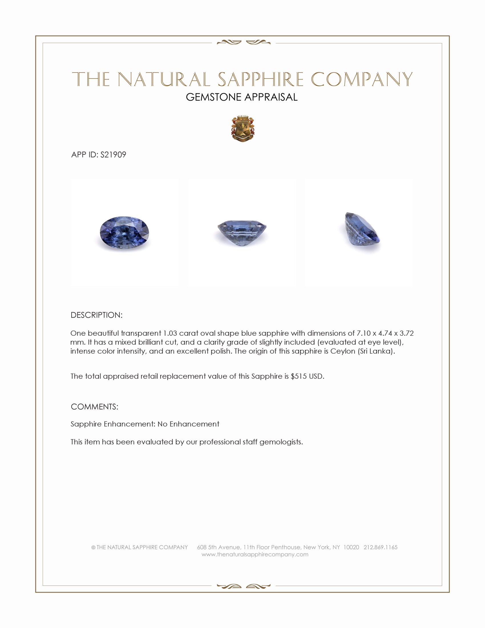 1.03 Ct. Blue Sapphire from Ceylon (Sri Lanka)