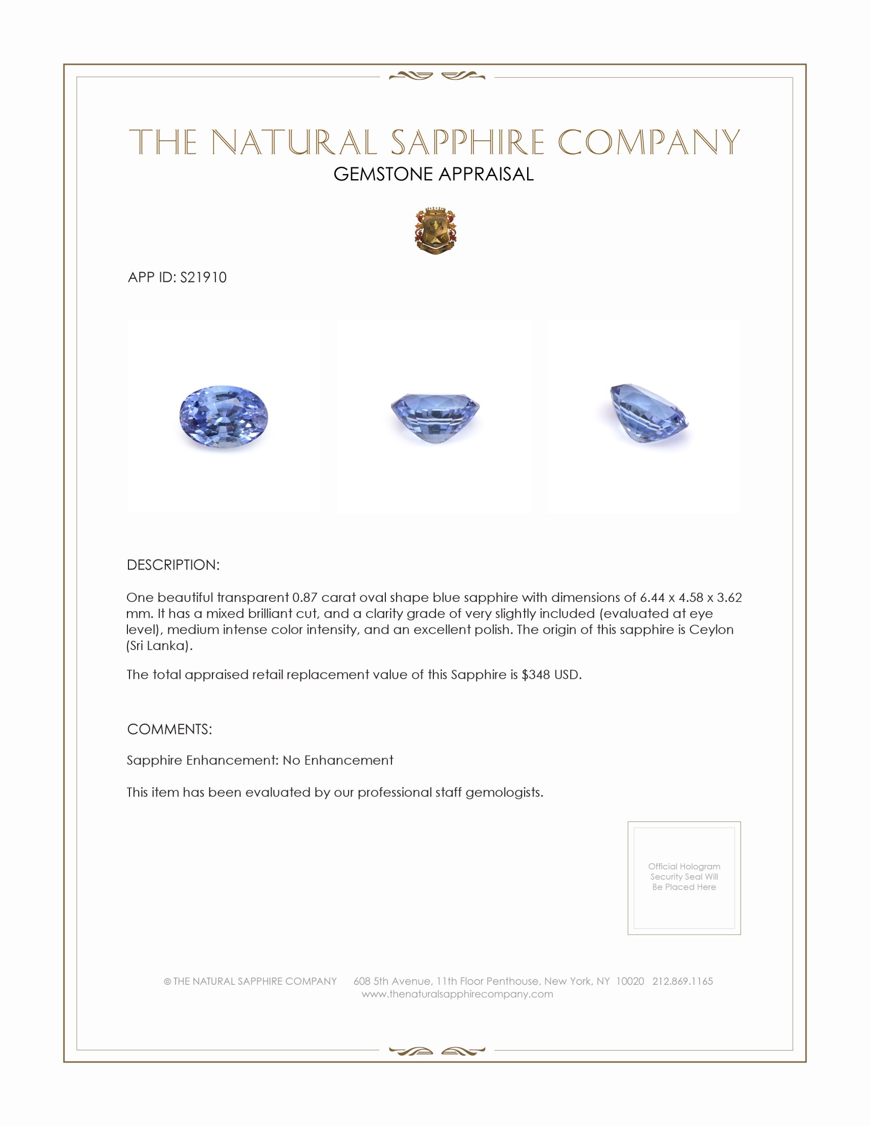 0.87 Ct. Blue Sapphire from Ceylon (Sri Lanka)