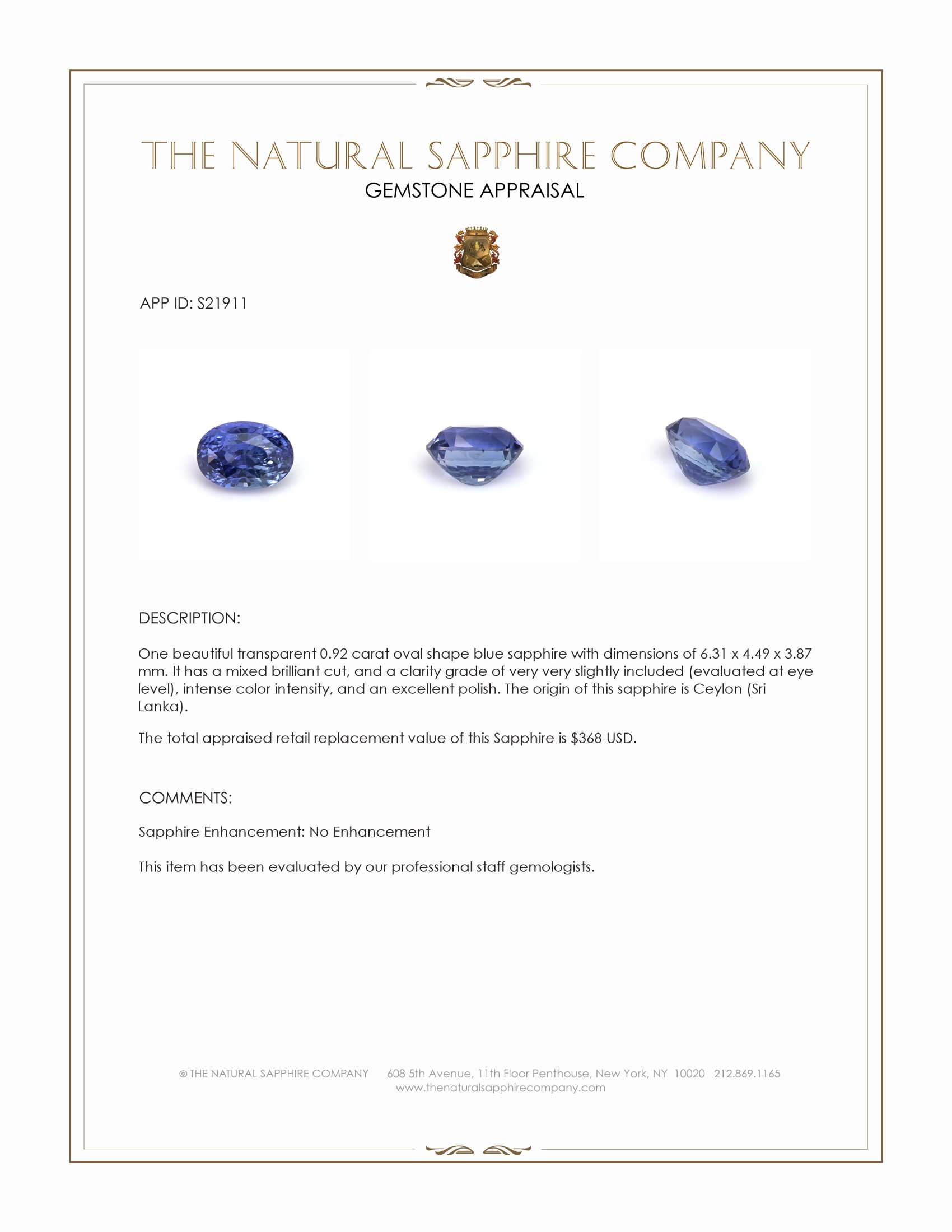 0.92 Ct. Blue Sapphire from Ceylon (Sri Lanka)