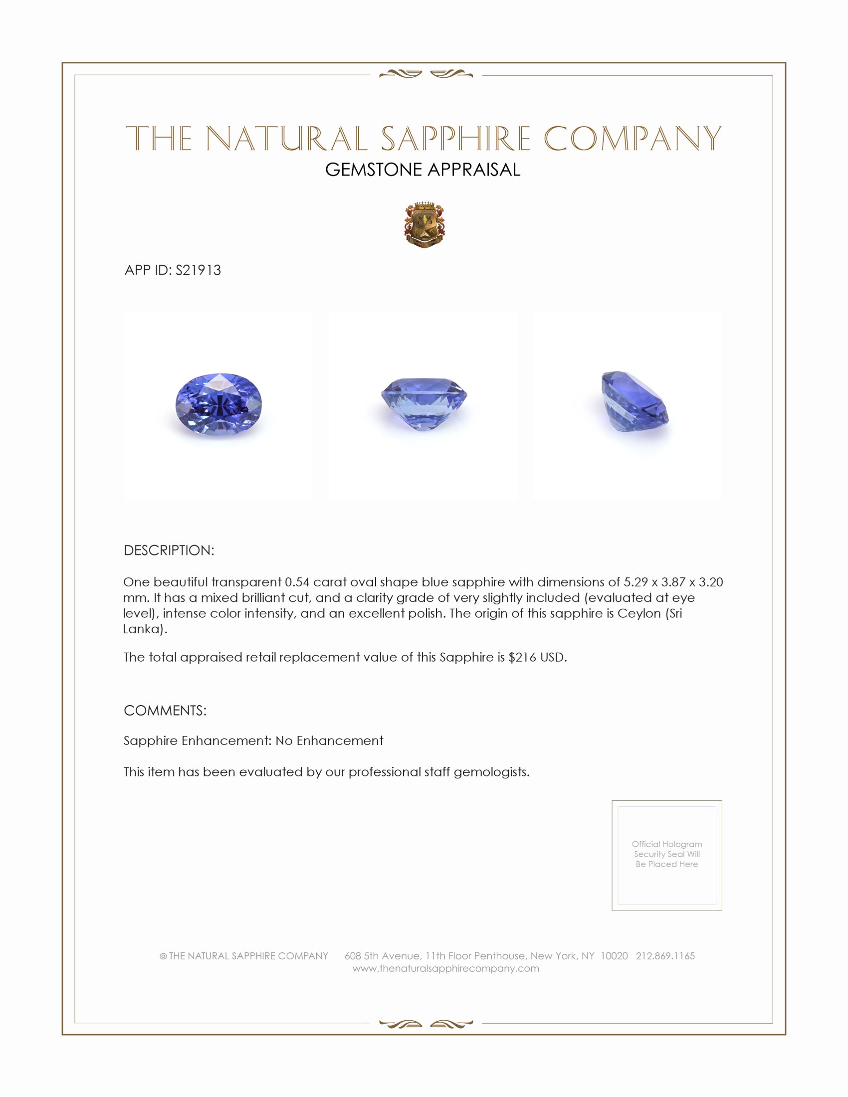 0.54 Ct. Blue Sapphire from Ceylon (Sri Lanka)
