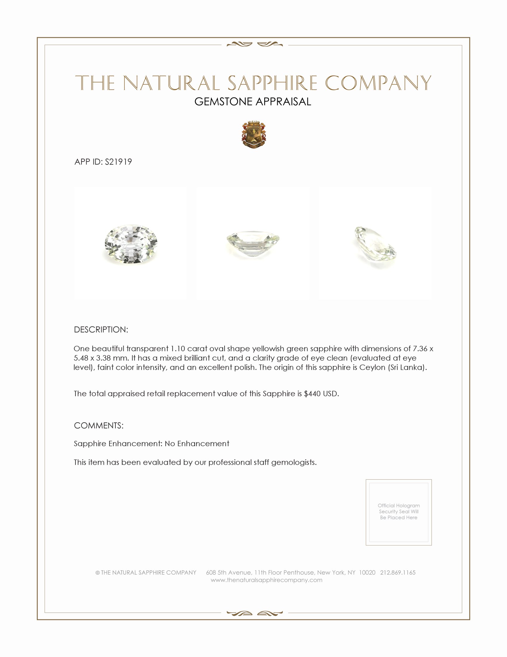 1.10 Ct. Yellowish Green Sapphire from Ceylon (Sri Lanka)