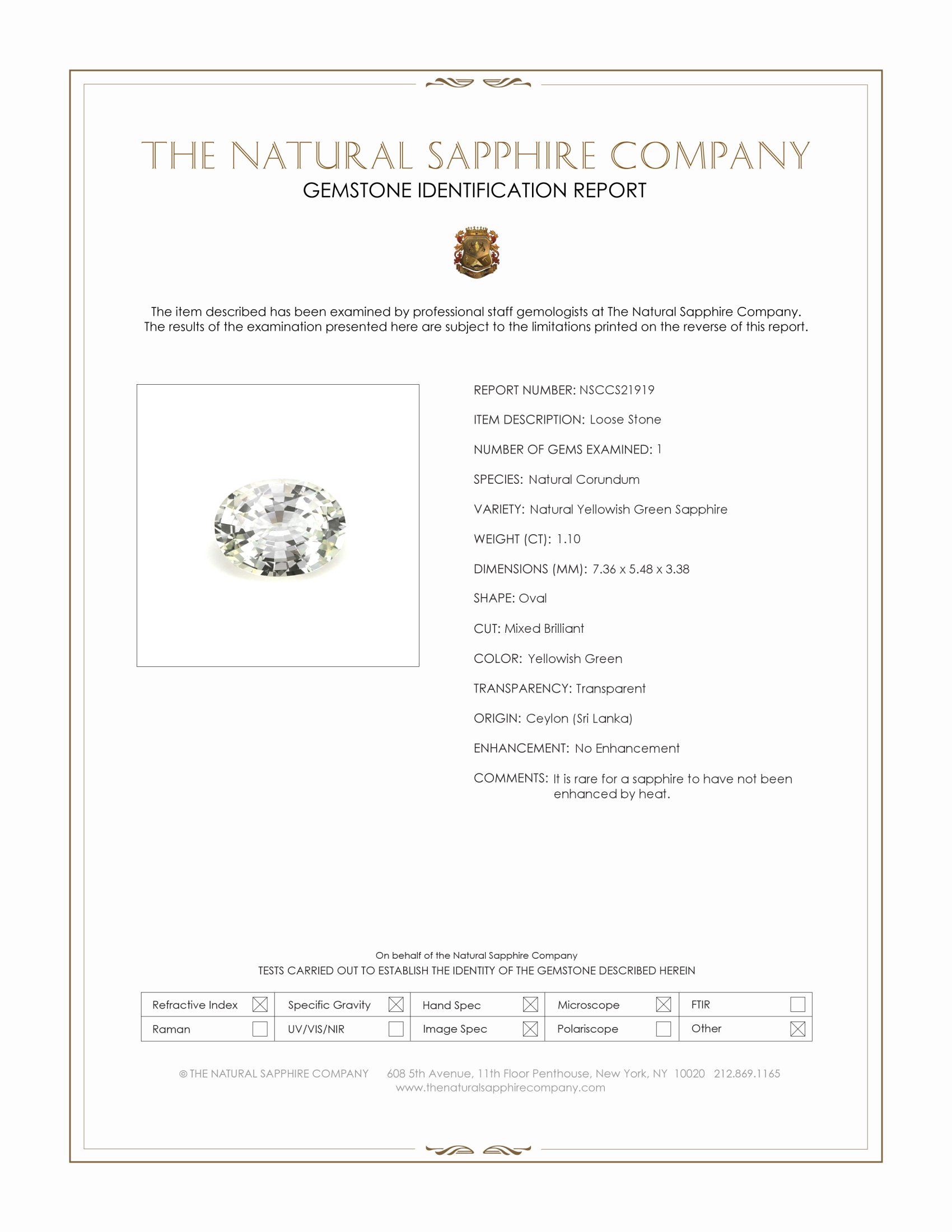1.10 Ct. Yellowish Green Sapphire from Ceylon (Sri Lanka)