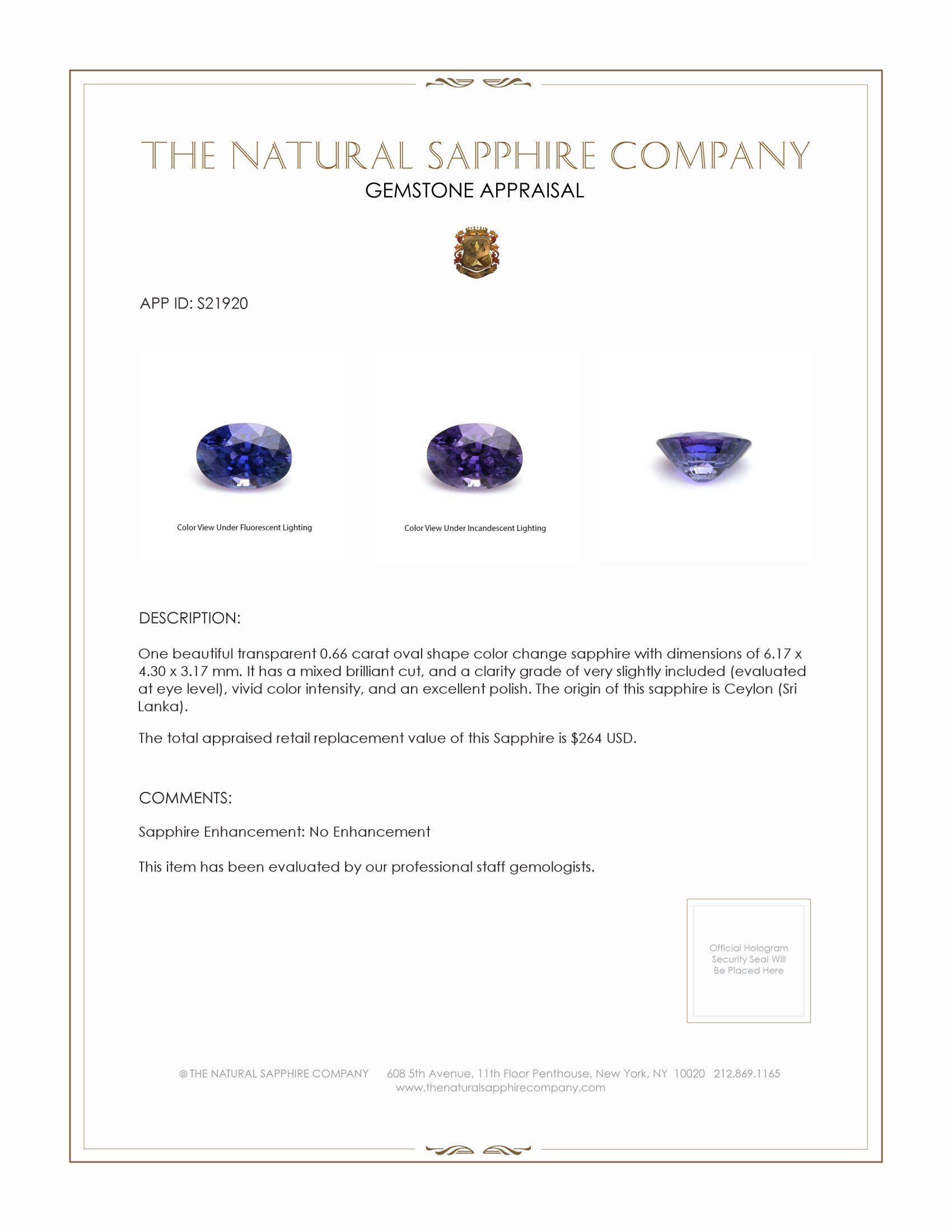 0.66 Ct. Color Change Sapphire from Ceylon (Sri Lanka)