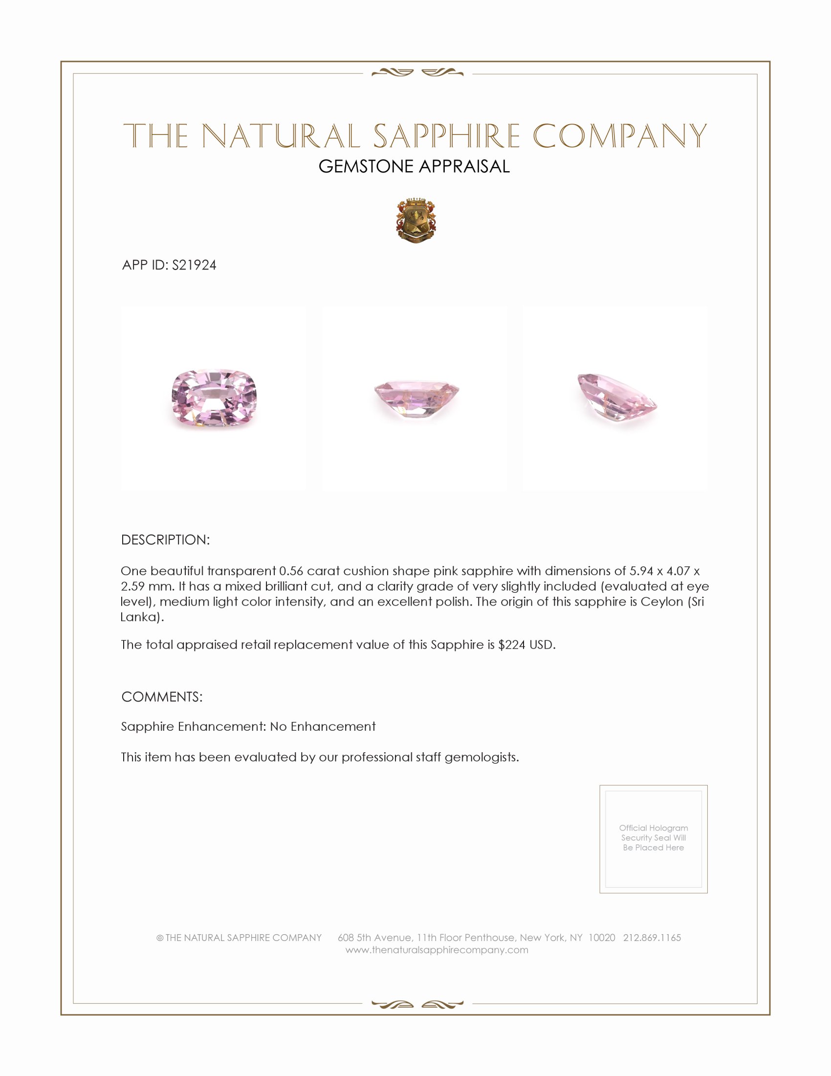 0.56 Ct. Pink Sapphire from Ceylon (Sri Lanka)