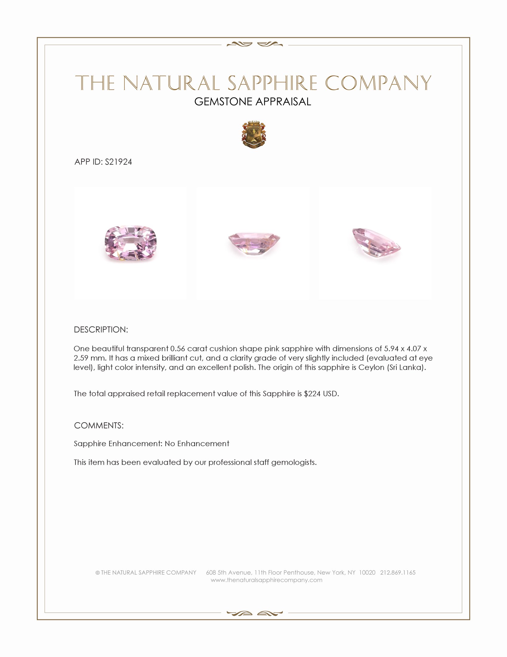0.56 Ct. Pink Sapphire from Ceylon (Sri Lanka)