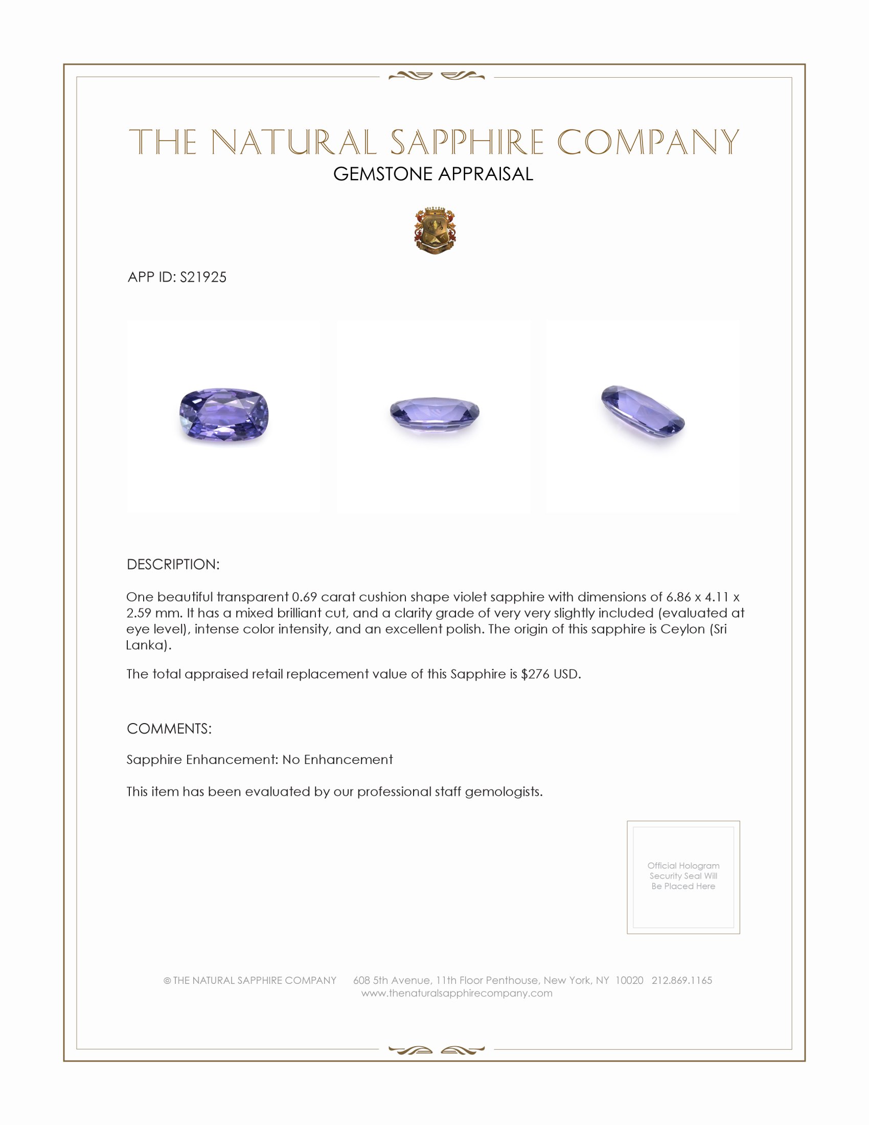 0.69 Ct. Violet Sapphire from Ceylon (Sri Lanka)