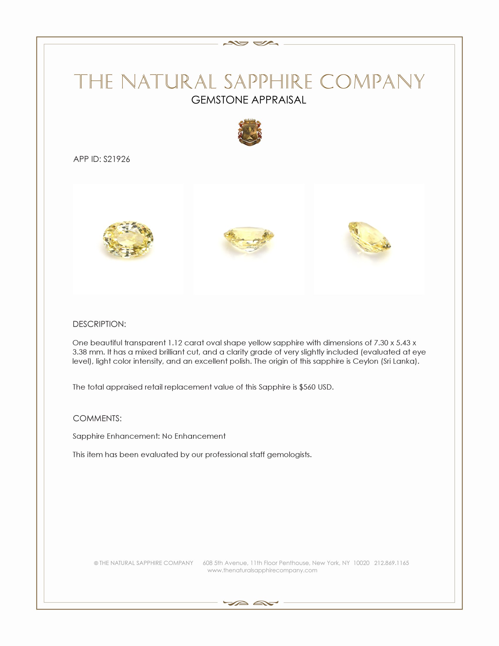 1.12 Ct. Yellow Sapphire from Ceylon (Sri Lanka)