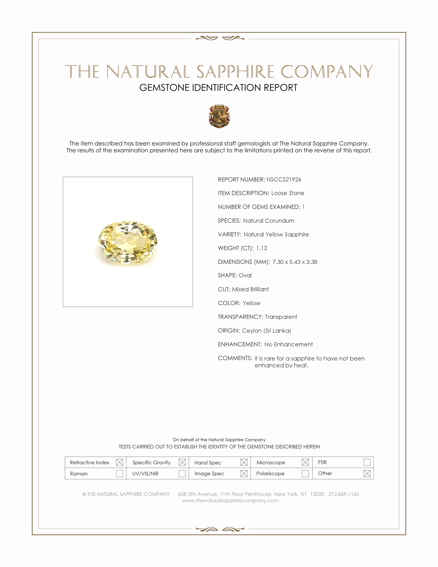1.12 Ct. Yellow Sapphire from Ceylon (Sri Lanka)