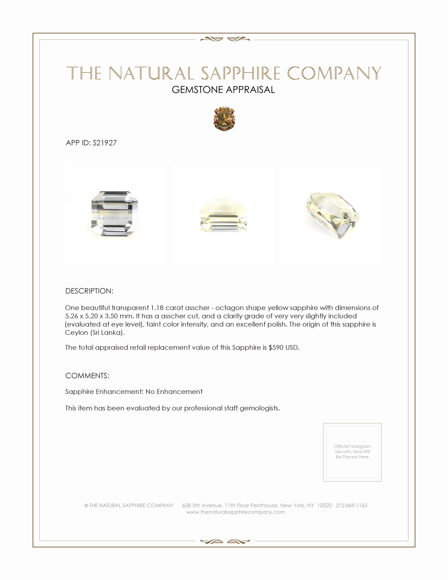 1.18 Ct. Yellow Sapphire from Ceylon (Sri Lanka)