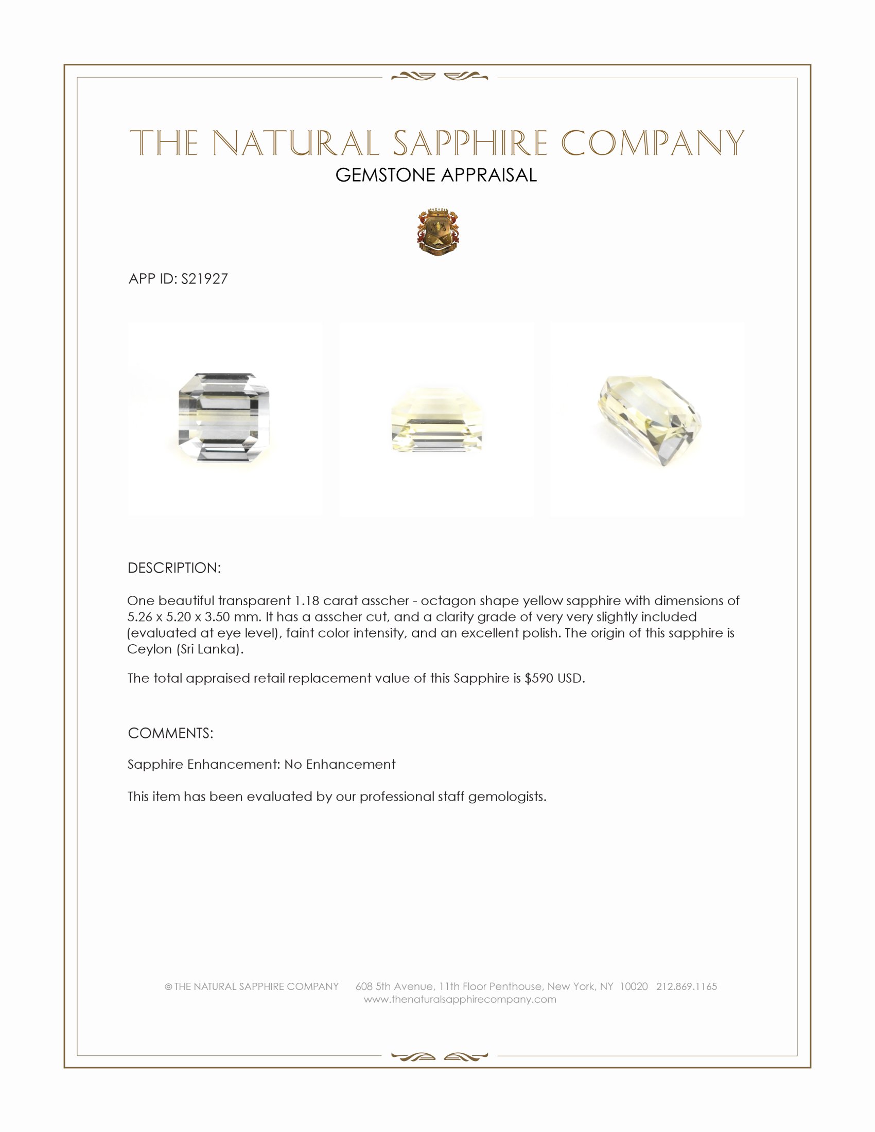 1.18 Ct. Yellow Sapphire from Ceylon (Sri Lanka)