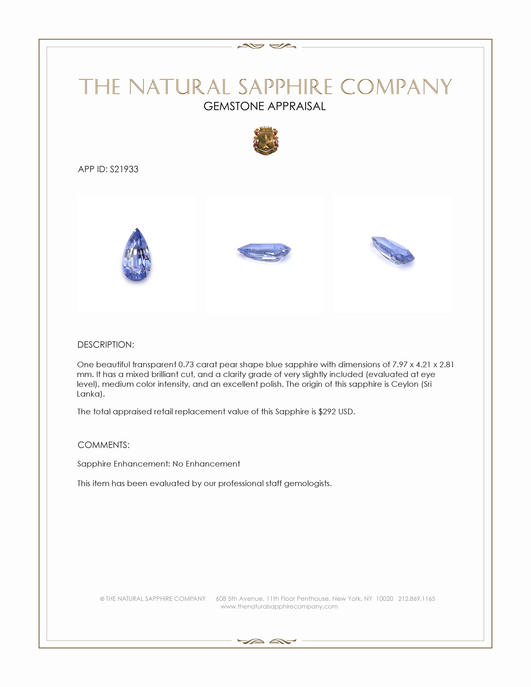 0.73 Ct. Blue Sapphire from Ceylon (Sri Lanka)