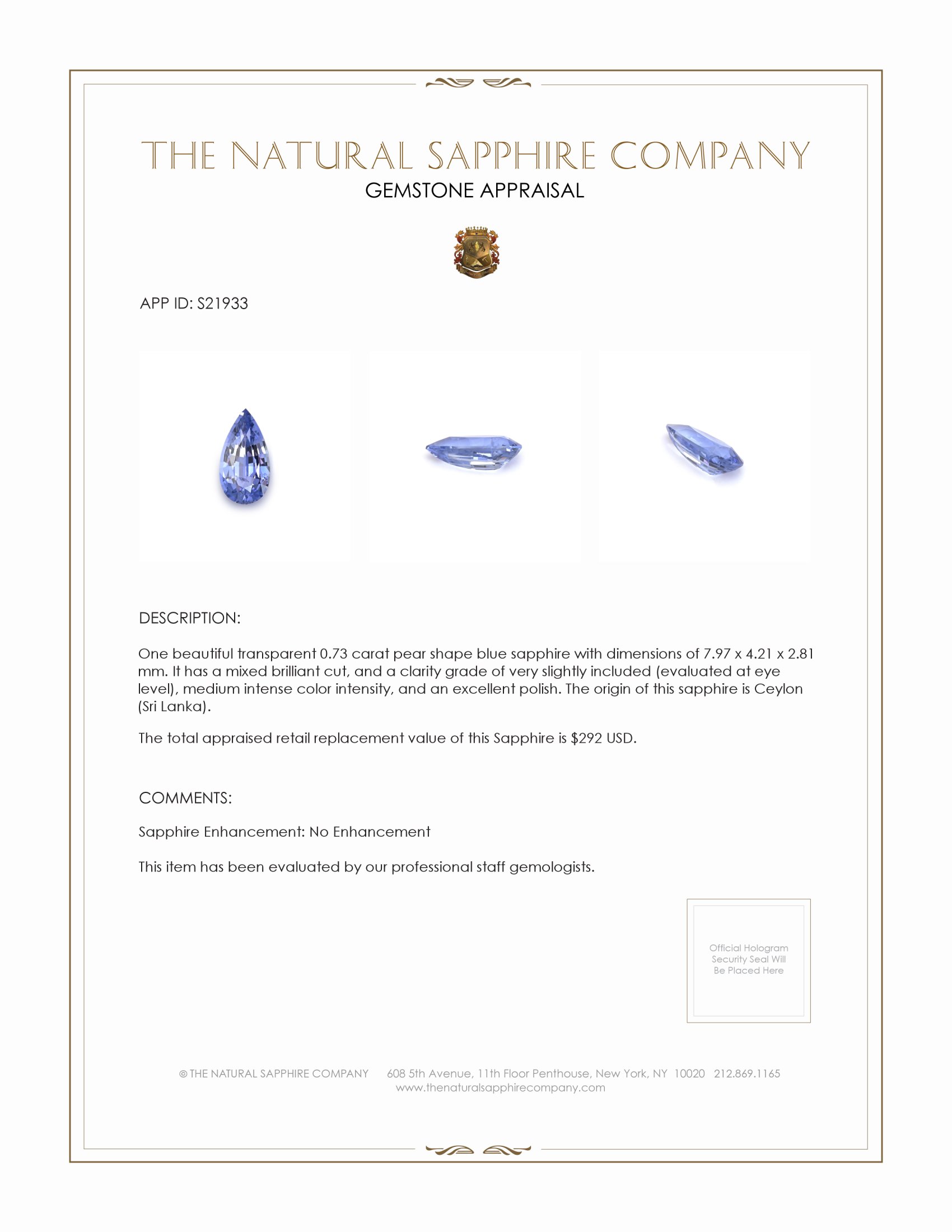0.73 Ct. Blue Sapphire from Ceylon (Sri Lanka)