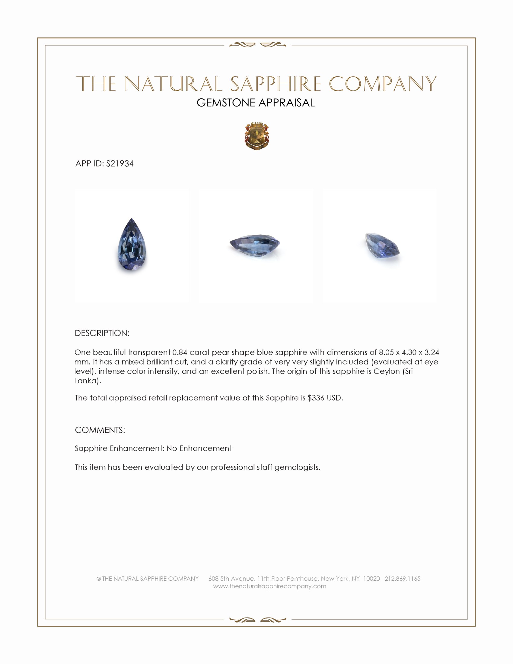 0.84 Ct. Blue Sapphire from Ceylon (Sri Lanka)
