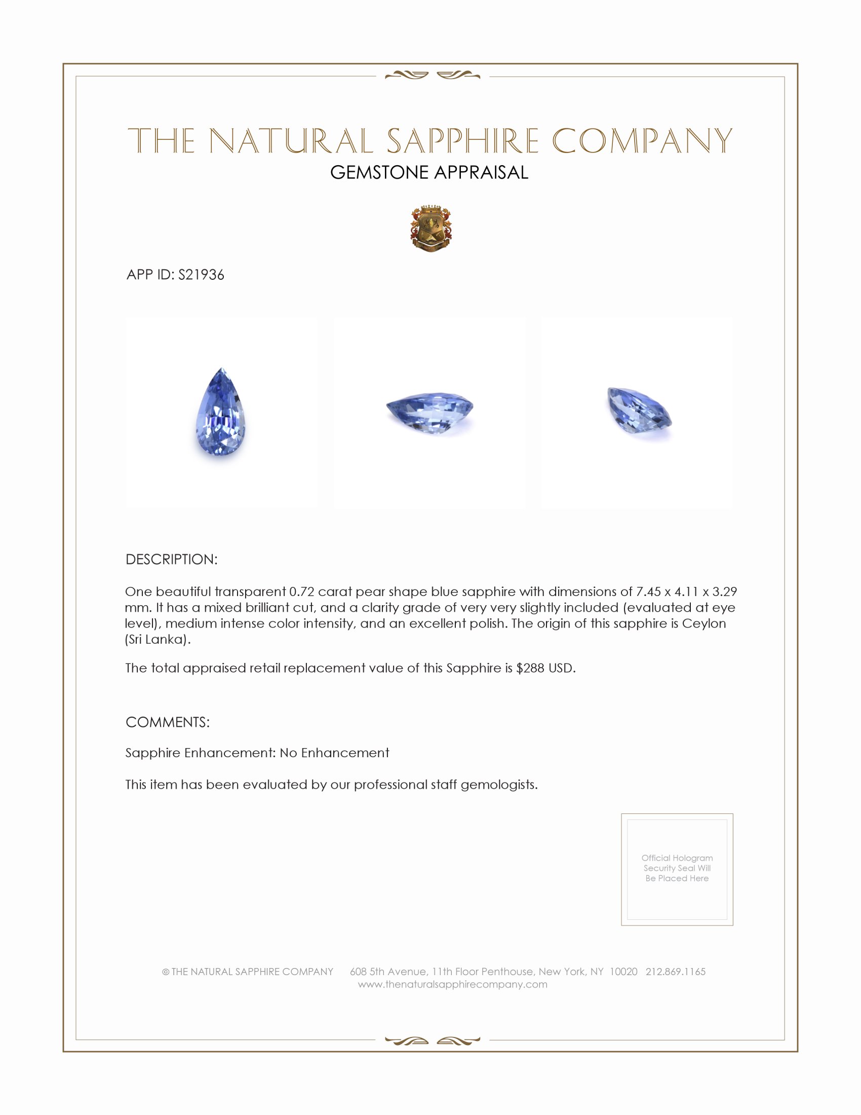 0.72 Ct. Blue Sapphire from Ceylon (Sri Lanka)