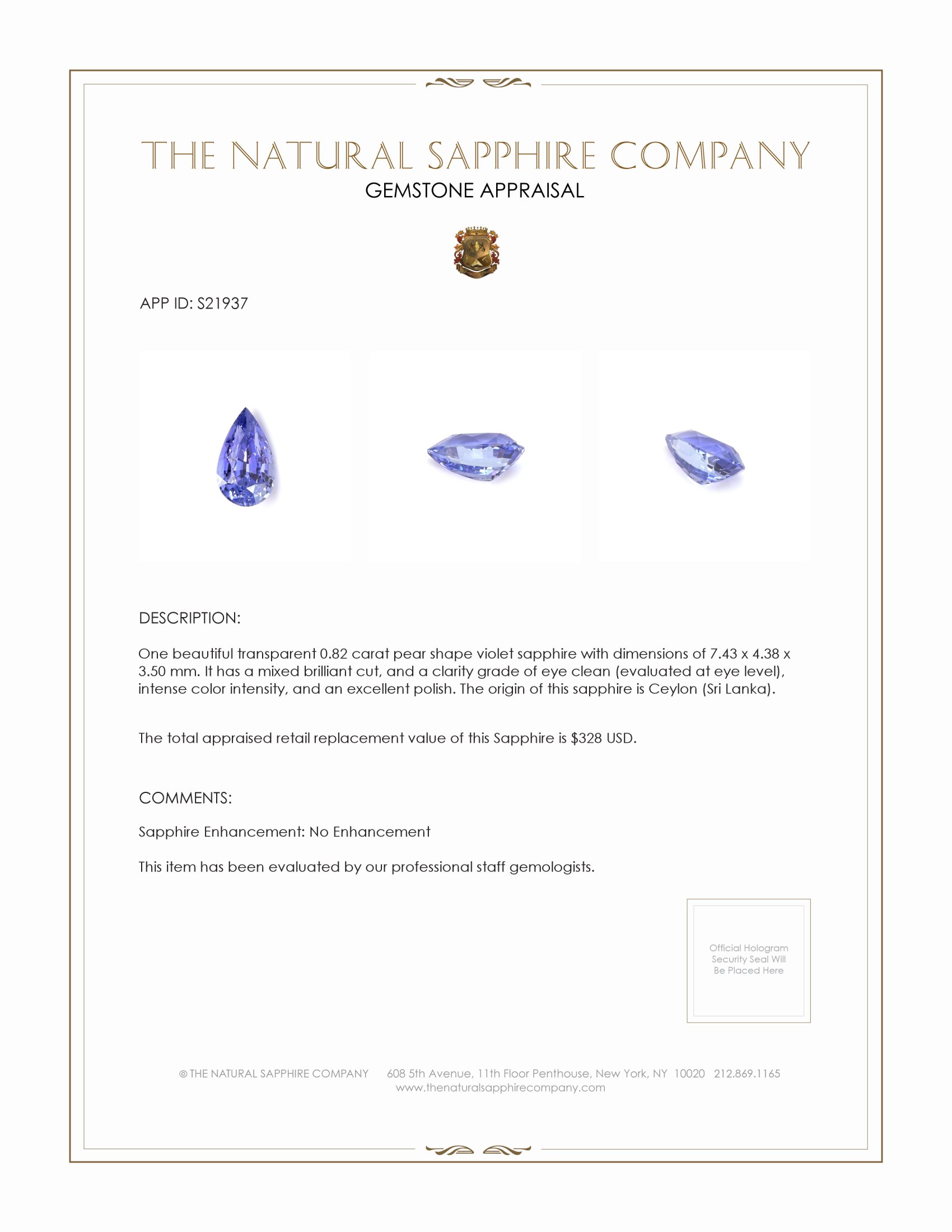 0.82 Ct. Violet Sapphire from Ceylon (Sri Lanka)