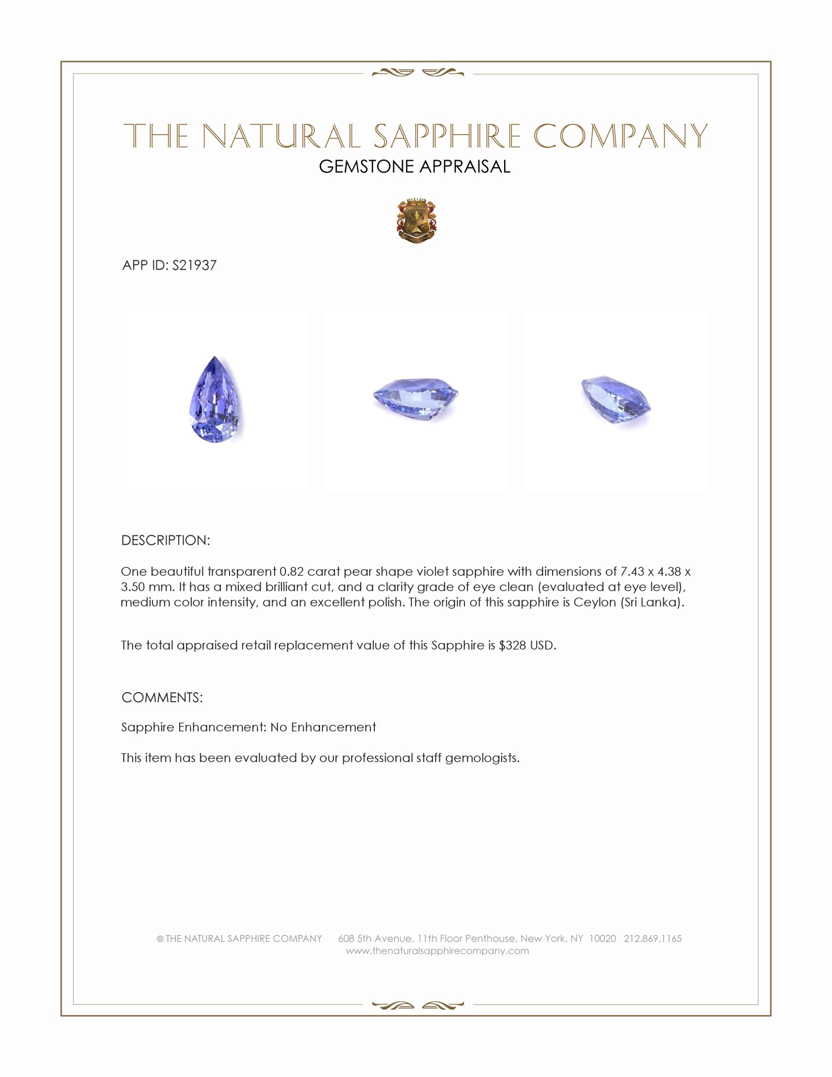 0.82 Ct. Violet Sapphire from Ceylon (Sri Lanka)