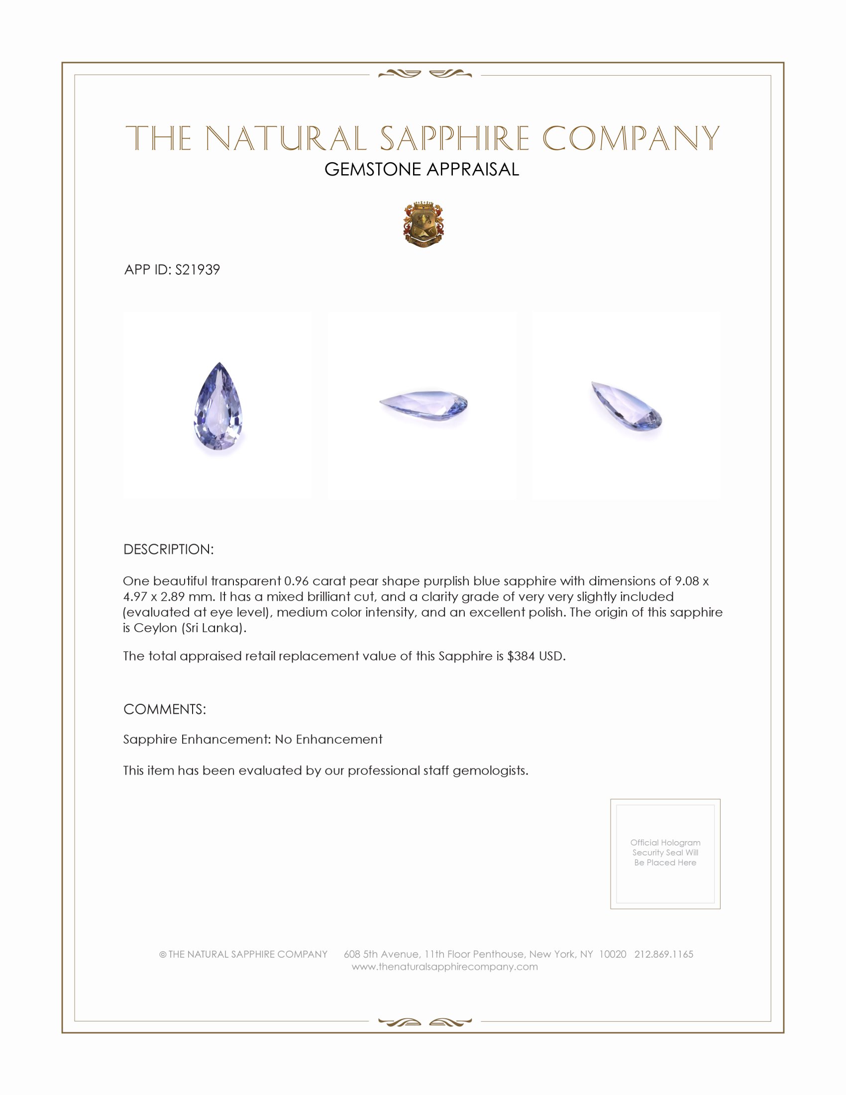 0.96 Ct. Purplish Blue Sapphire from Ceylon (Sri Lanka)