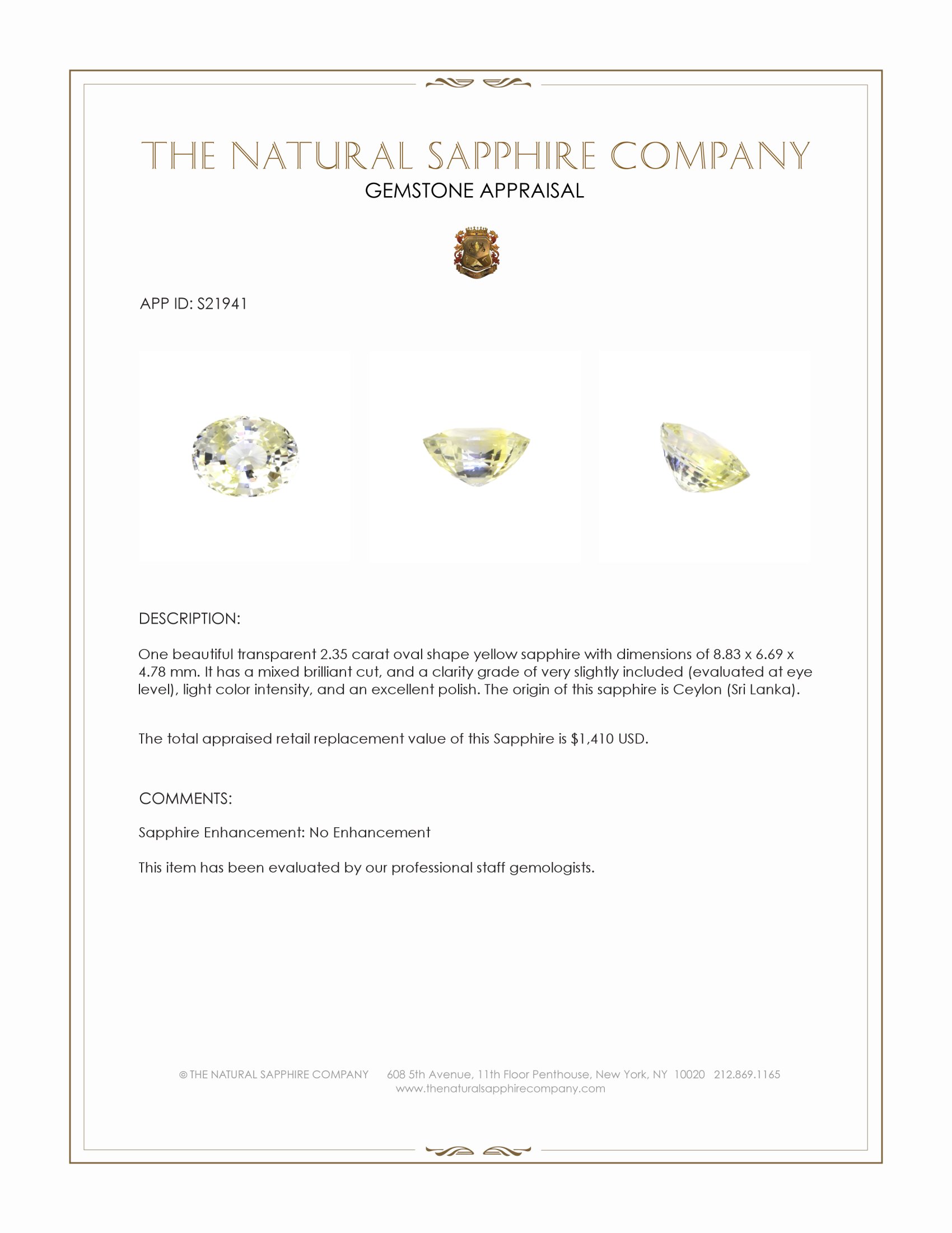 2.35 Ct. Yellow Sapphire from Ceylon (Sri Lanka)