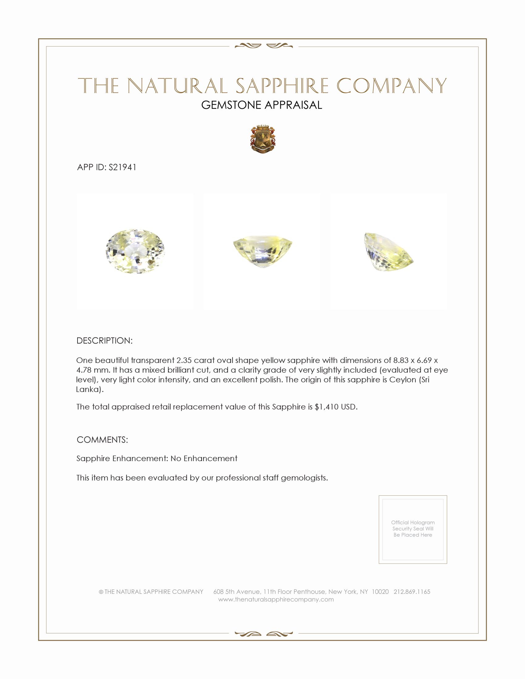 2.35 Ct. Yellow Sapphire from Ceylon (Sri Lanka)