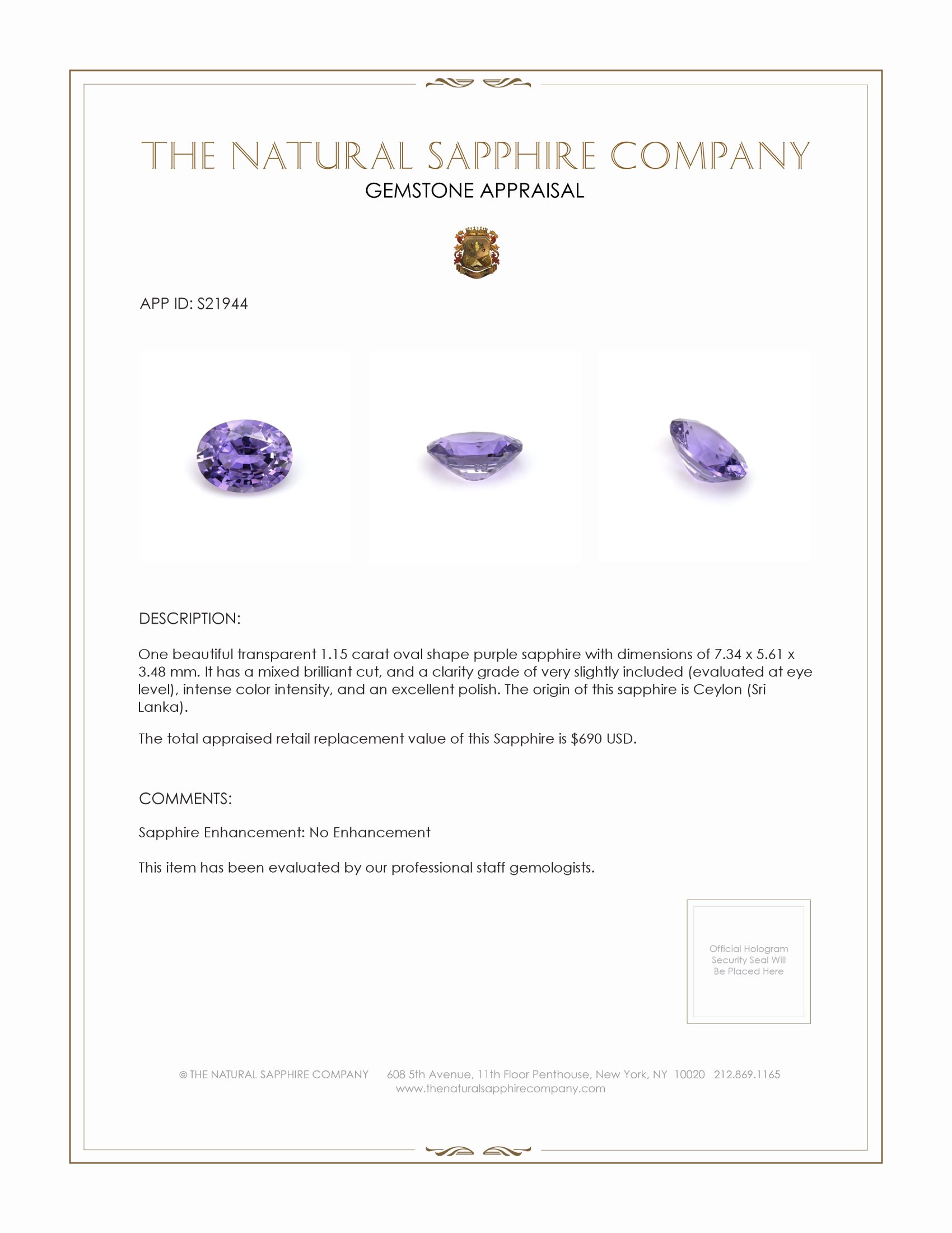 1.15 Ct. Purple Sapphire from Ceylon (Sri Lanka)