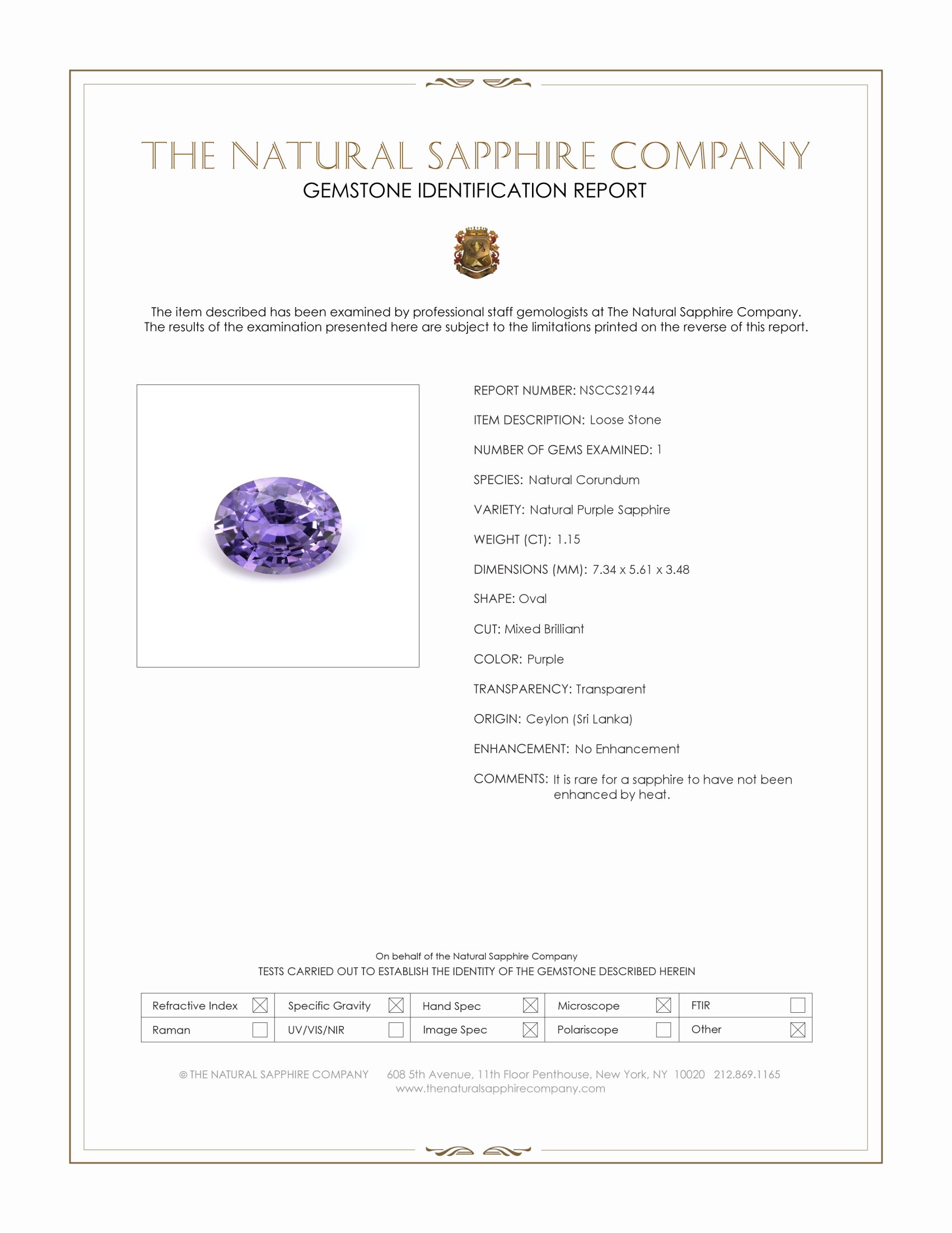 1.15 Ct. Purple Sapphire from Ceylon (Sri Lanka)