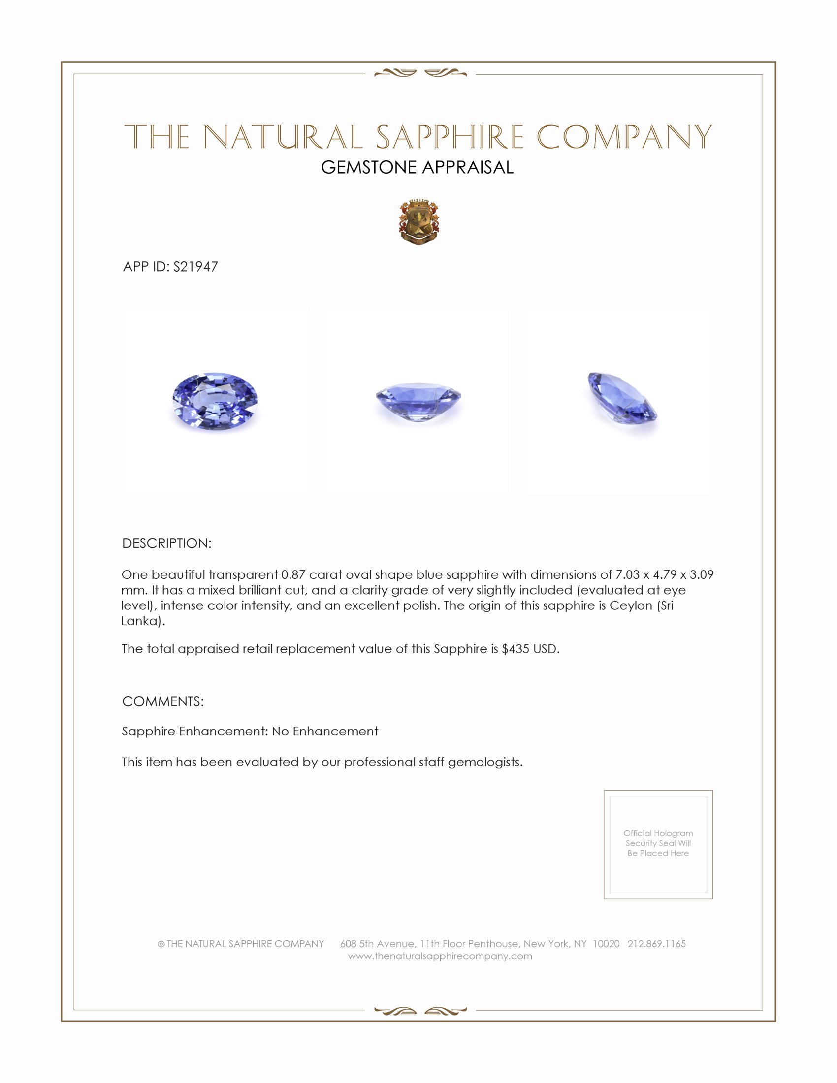 0.87 Ct. Blue Sapphire from Ceylon (Sri Lanka)