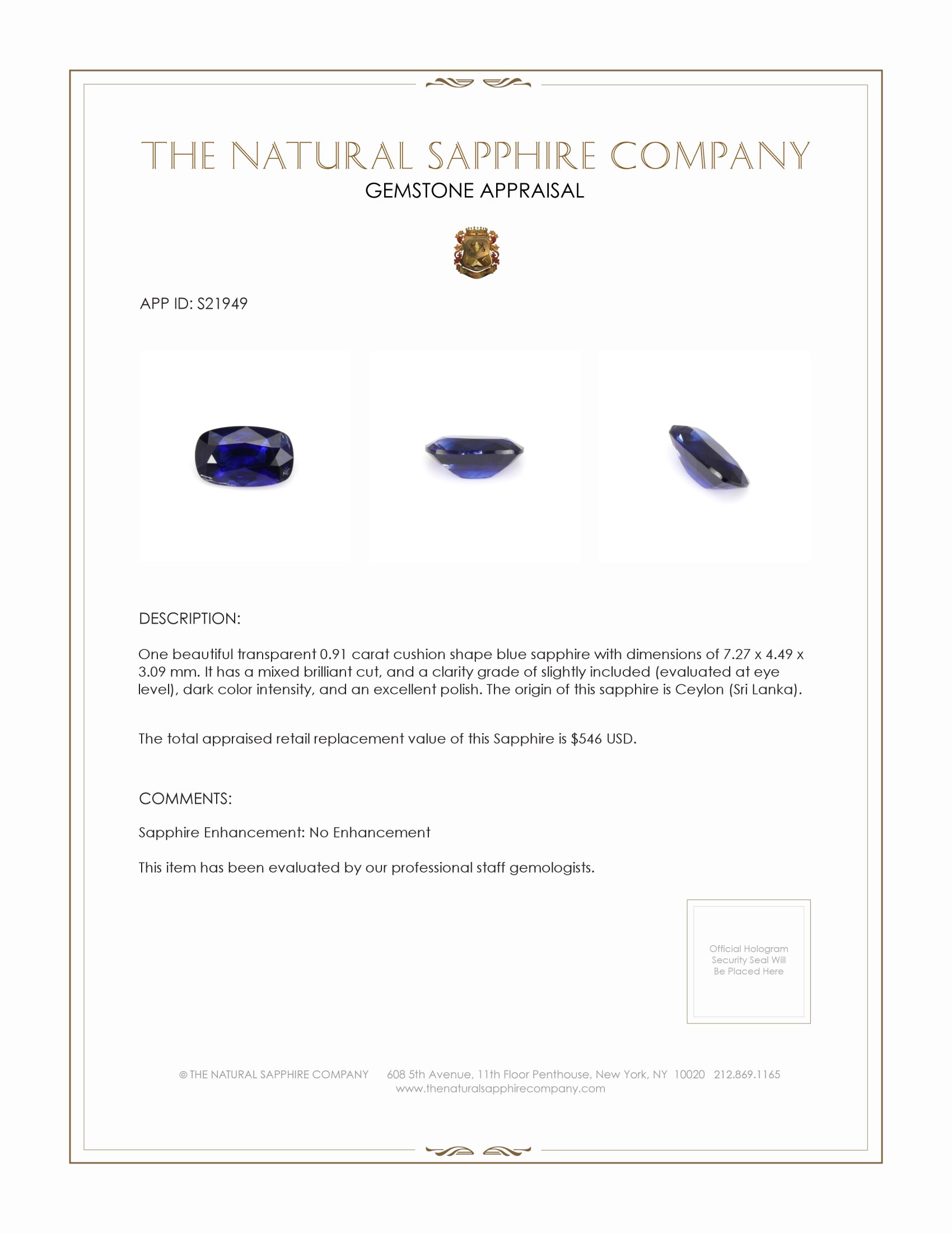 0.91 Ct. Blue Sapphire from Ceylon (Sri Lanka)