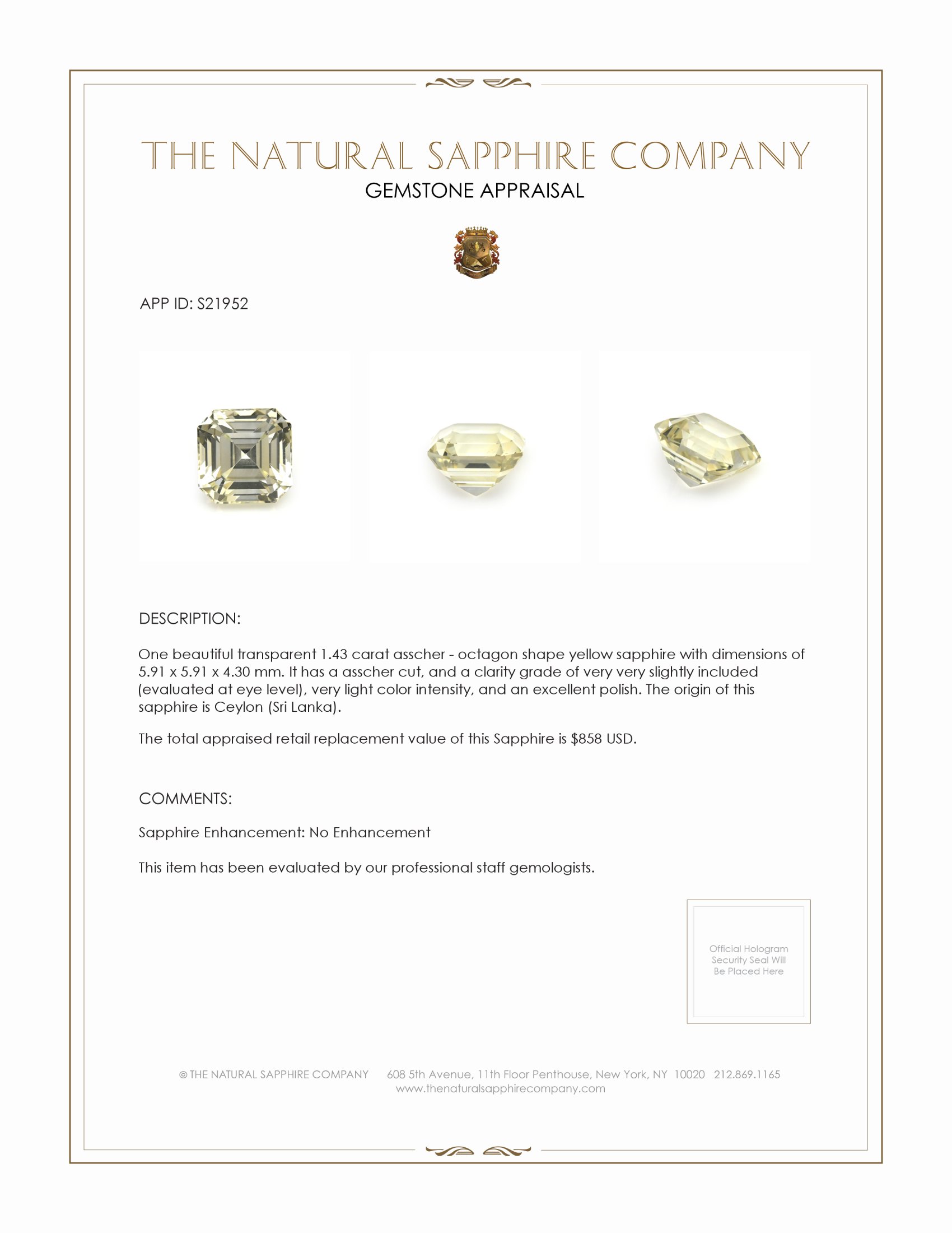 1.43 Ct. Yellow Sapphire from Ceylon (Sri Lanka)