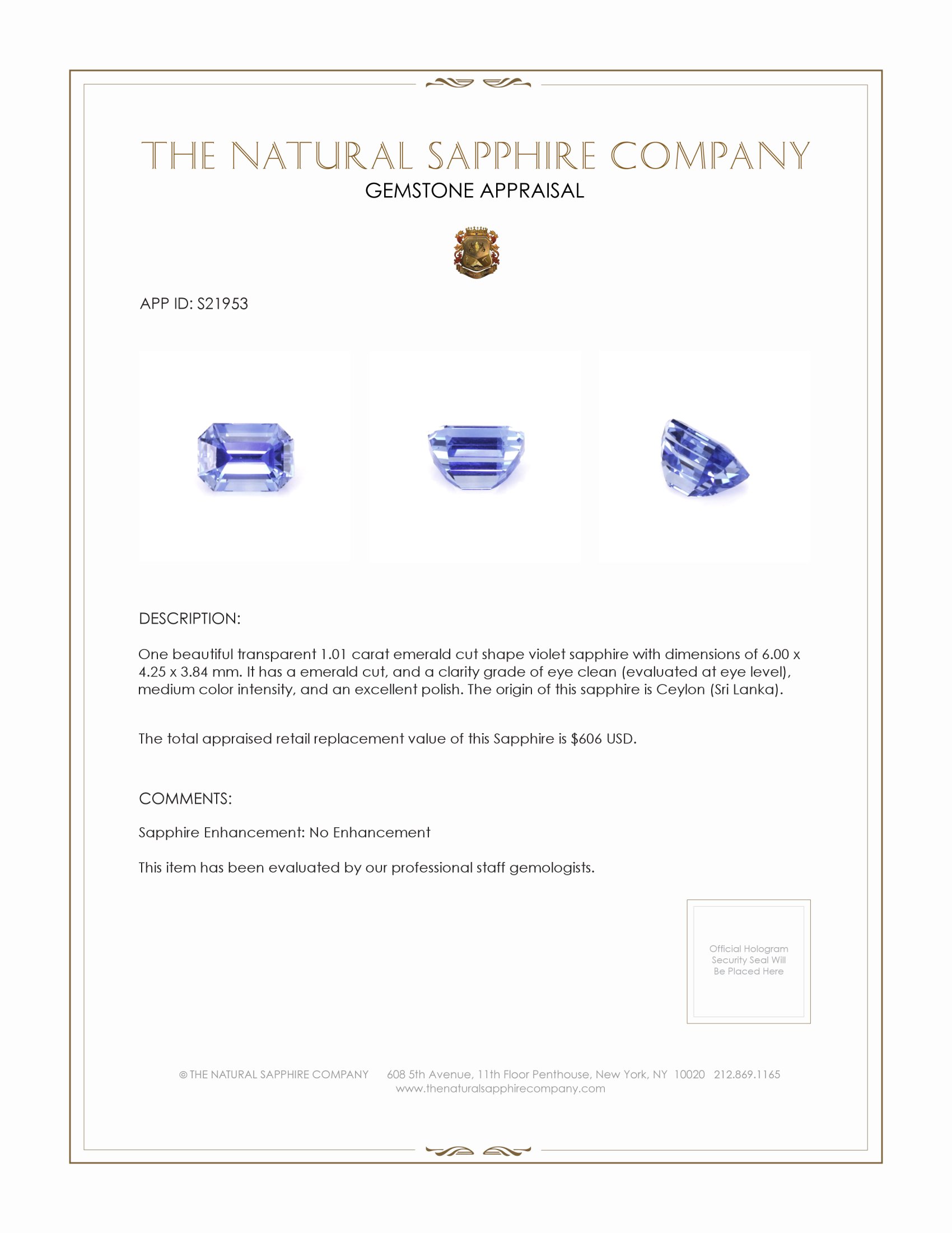 1.01 Ct. Violet Sapphire from Ceylon (Sri Lanka)