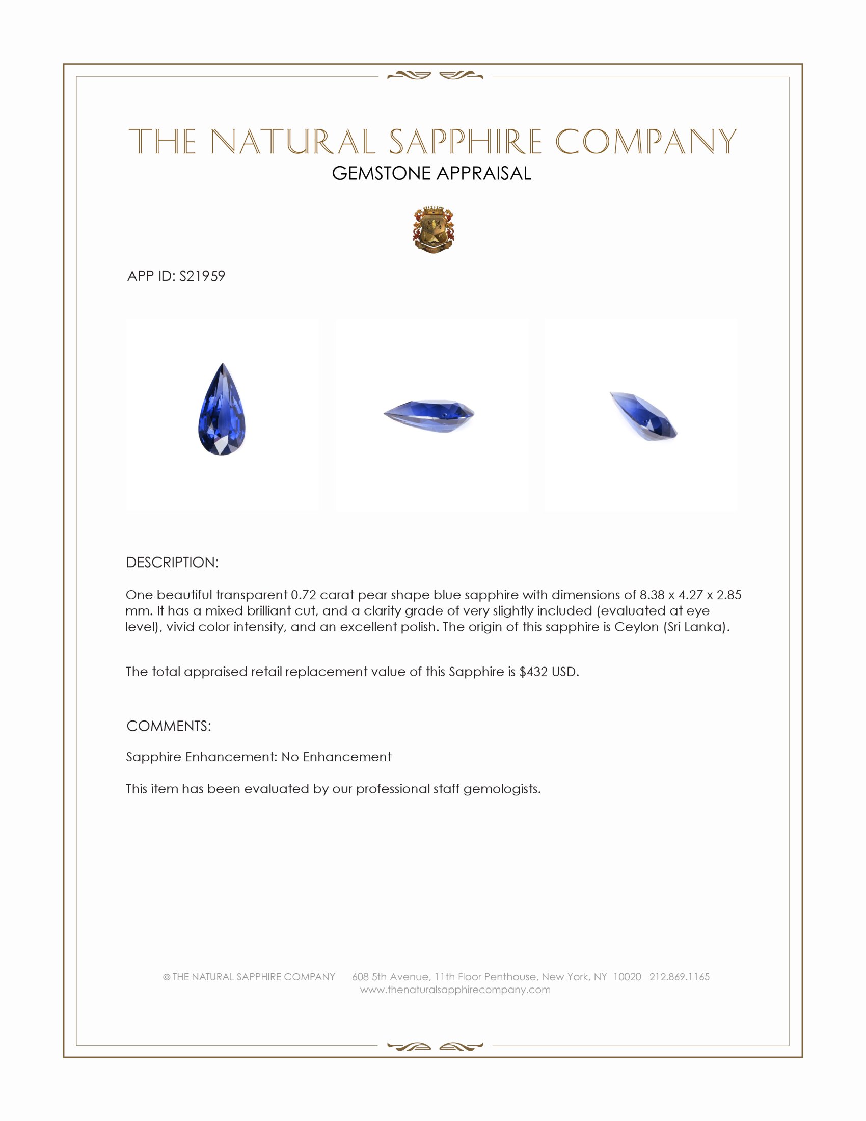 0.72 Ct. Blue Sapphire from Ceylon (Sri Lanka)