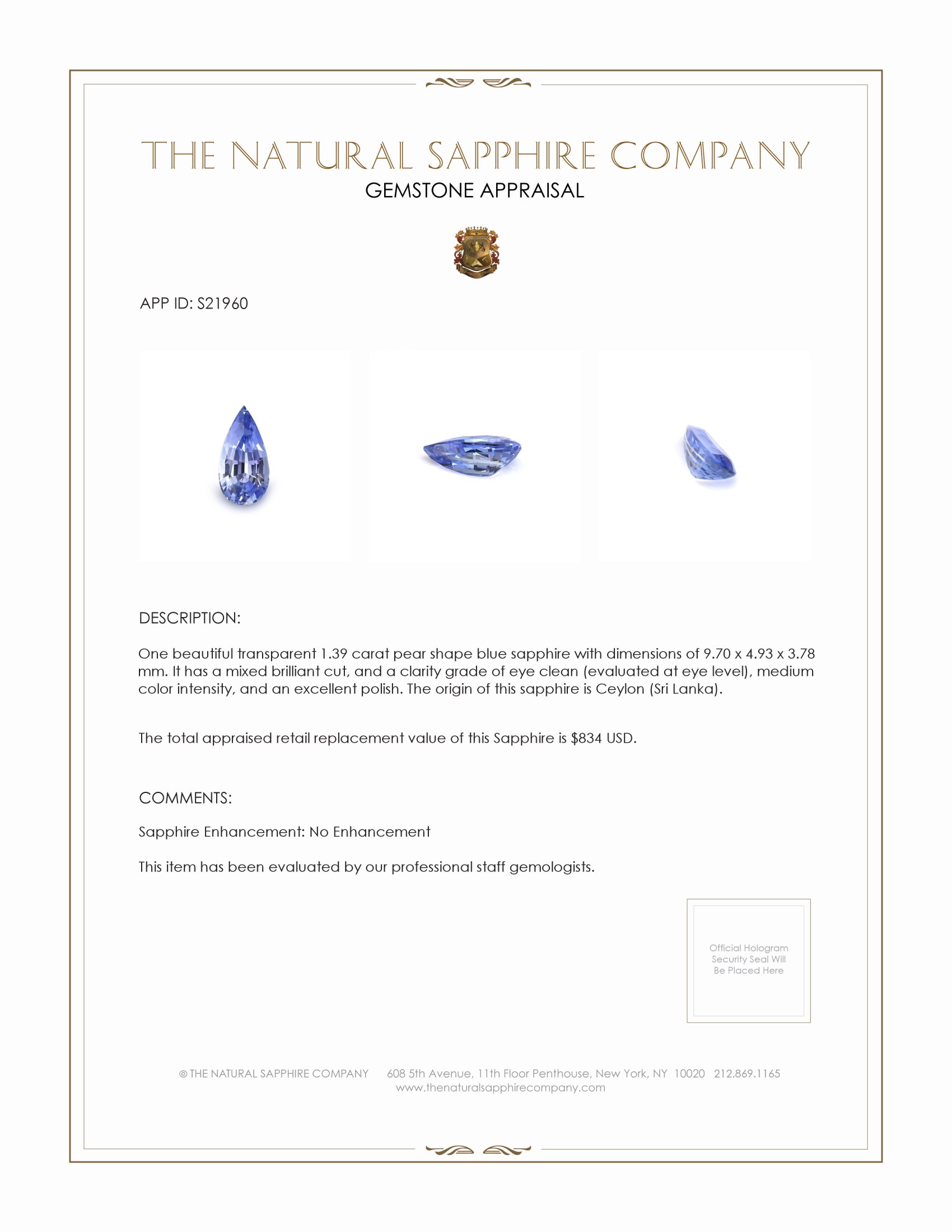 1.39 Ct. Blue Sapphire from Ceylon (Sri Lanka)