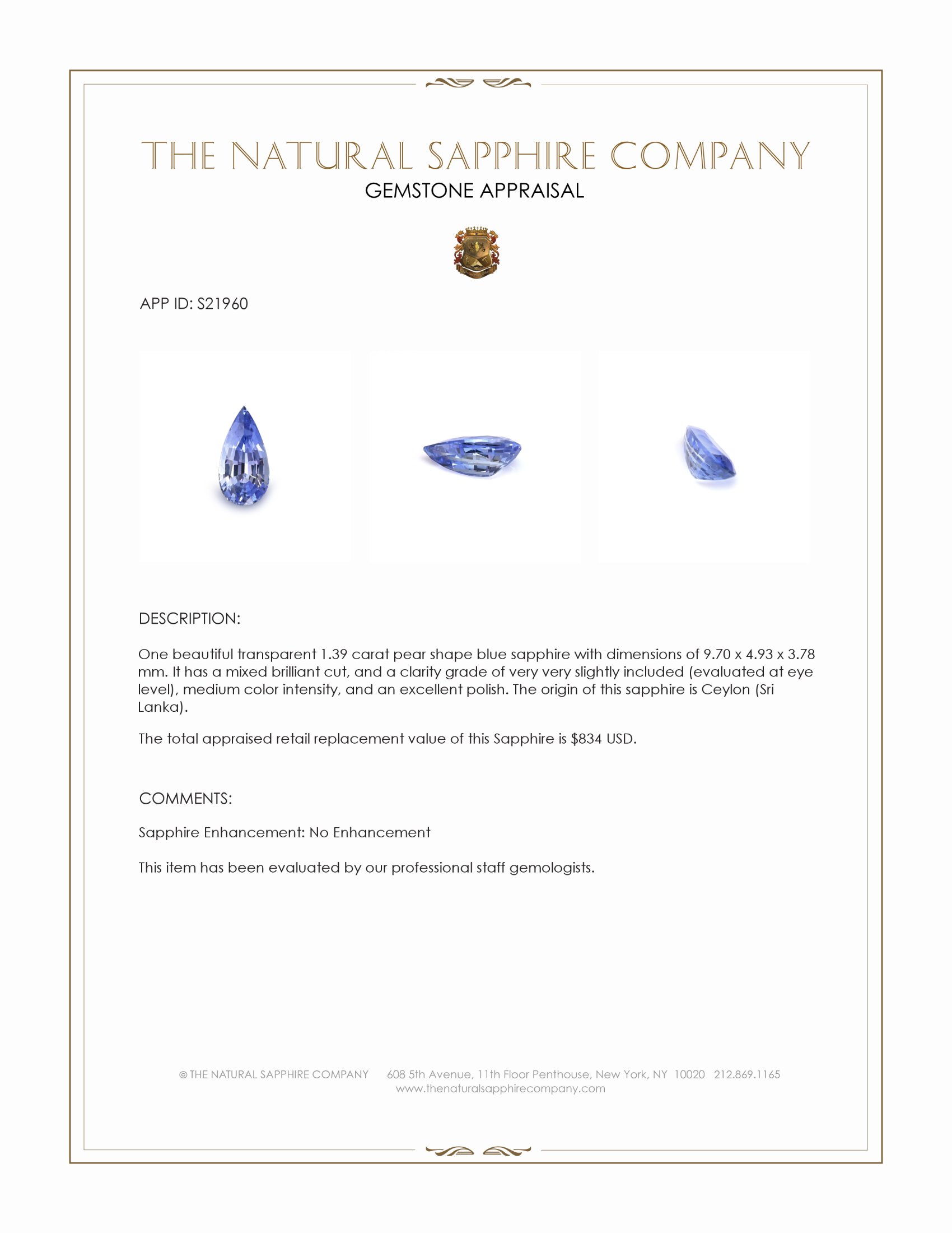 1.39 Ct. Blue Sapphire from Ceylon (Sri Lanka)