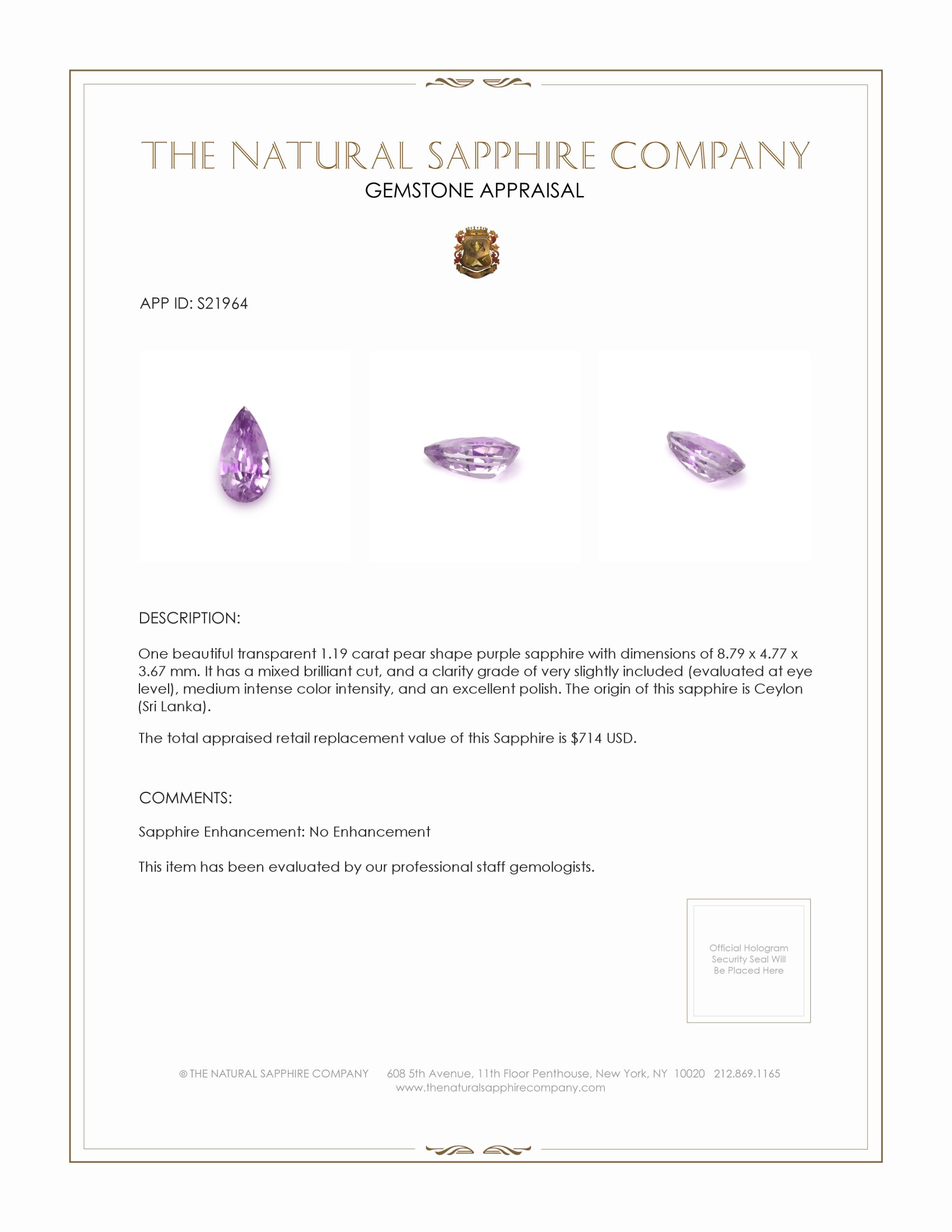 1.19 Ct. Purple Sapphire from Ceylon (Sri Lanka)