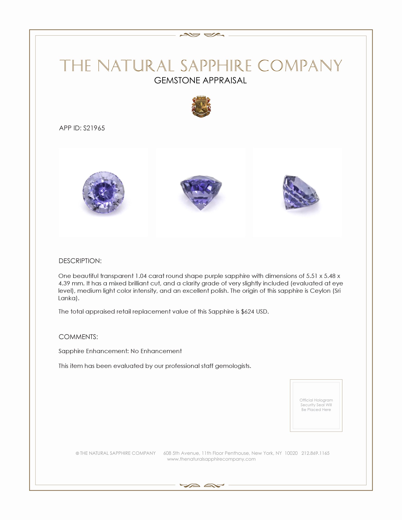 1.04 Ct. Purple Sapphire from Ceylon (Sri Lanka)