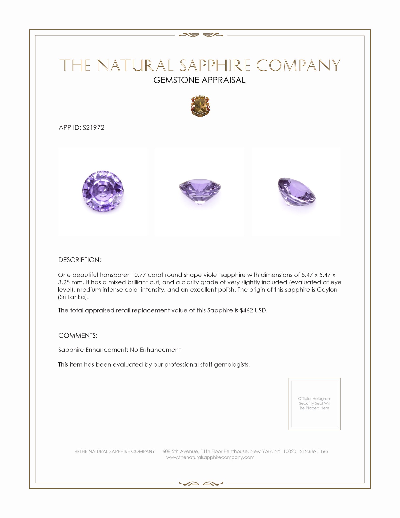 0.77 Ct. Violet Sapphire from Ceylon (Sri Lanka)