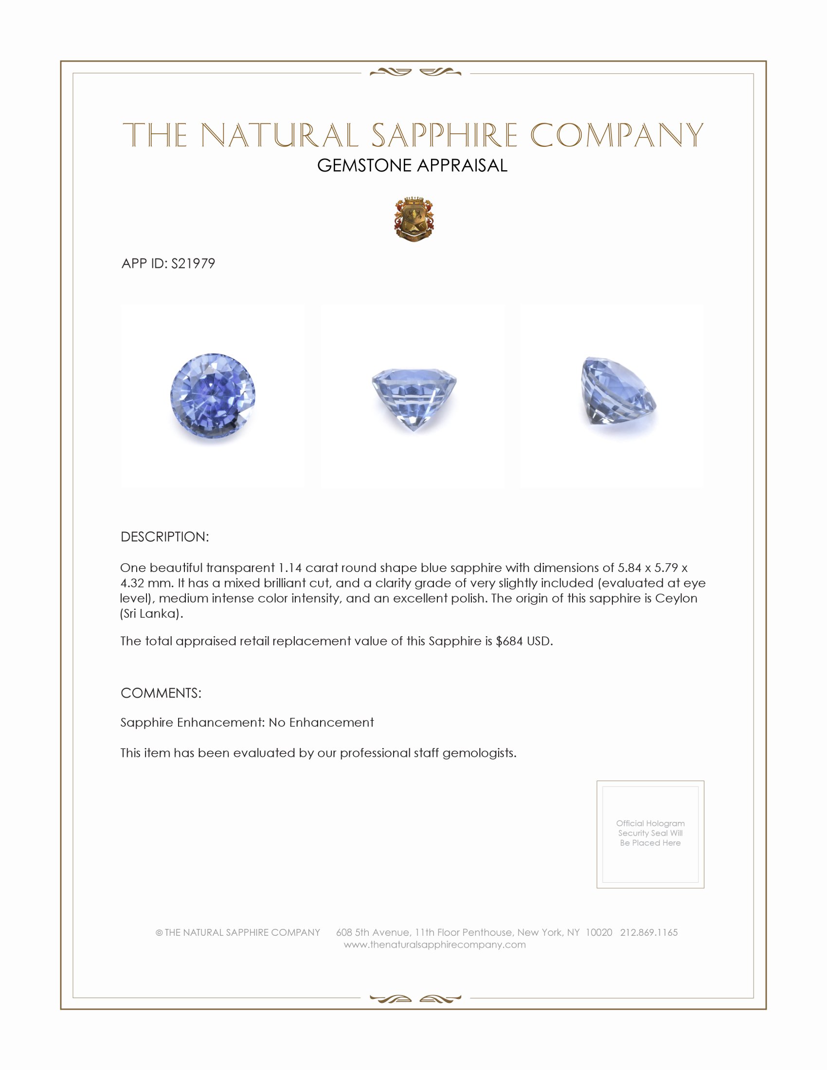 1.14 Ct. Blue Sapphire from Ceylon (Sri Lanka)