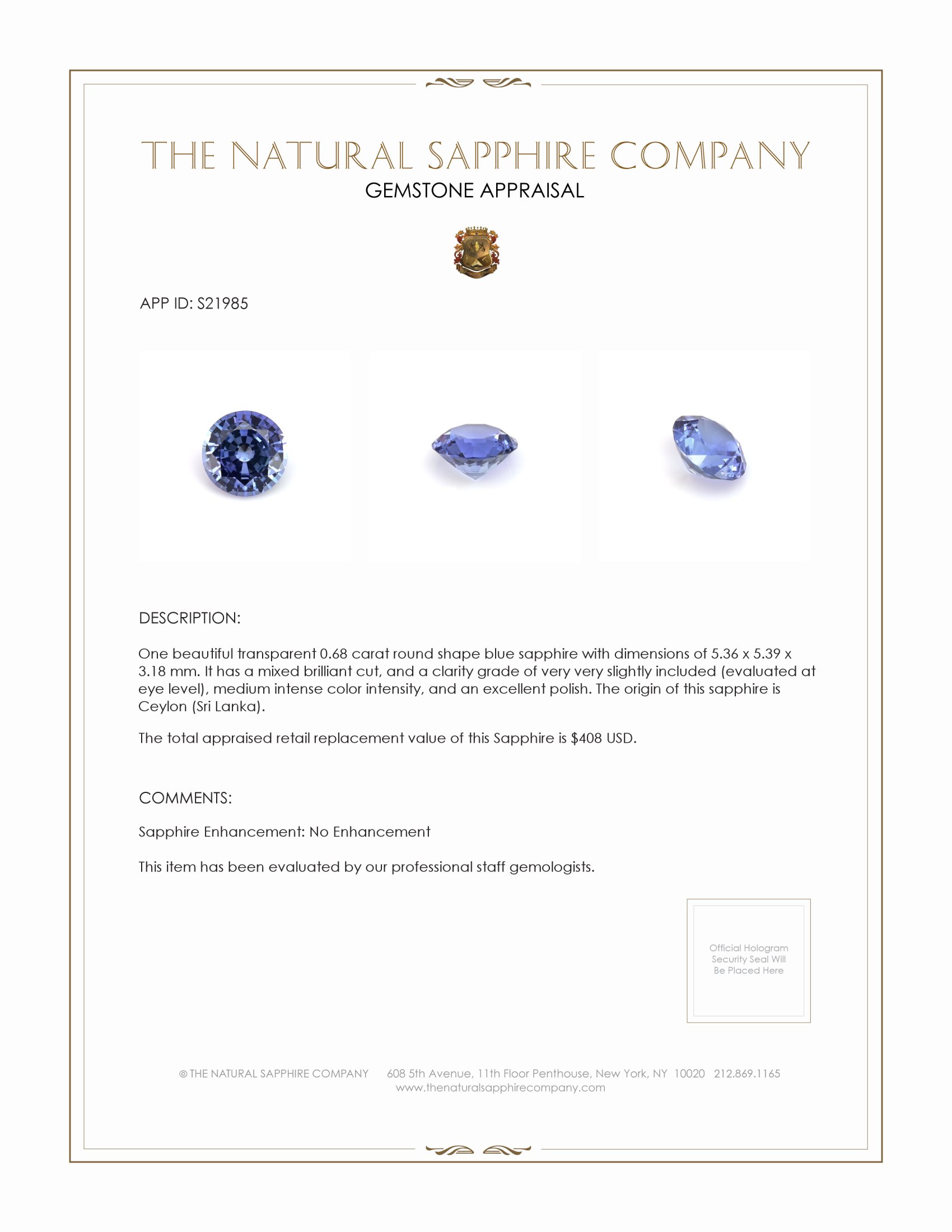 0.68 Ct. Blue Sapphire from Ceylon (Sri Lanka)