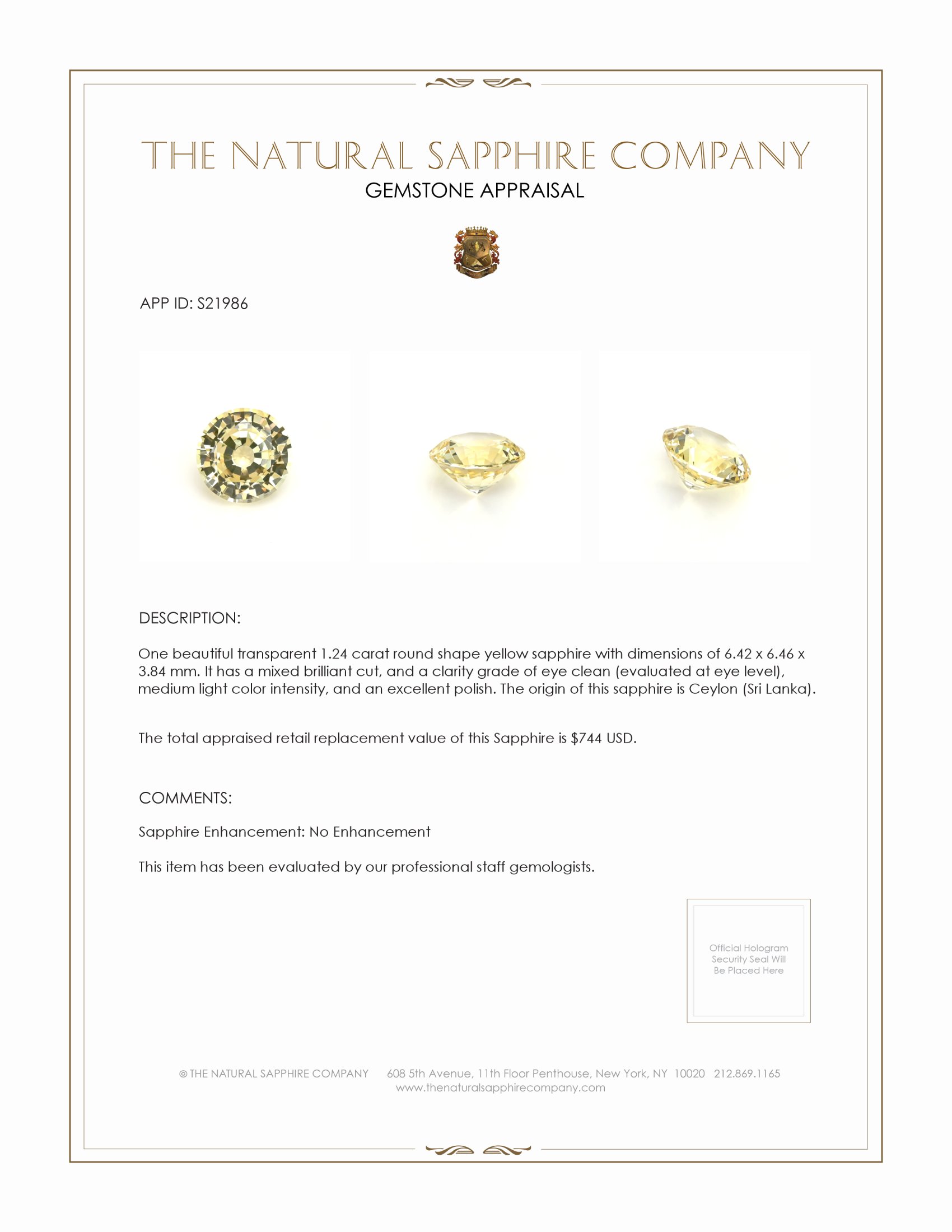 1.24 Ct. Yellow Sapphire from Ceylon (Sri Lanka)