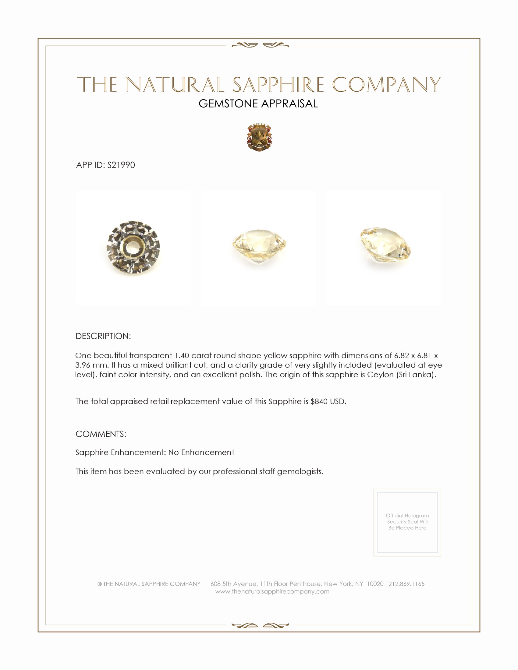 1.40 Ct. Yellow Sapphire from Ceylon (Sri Lanka)