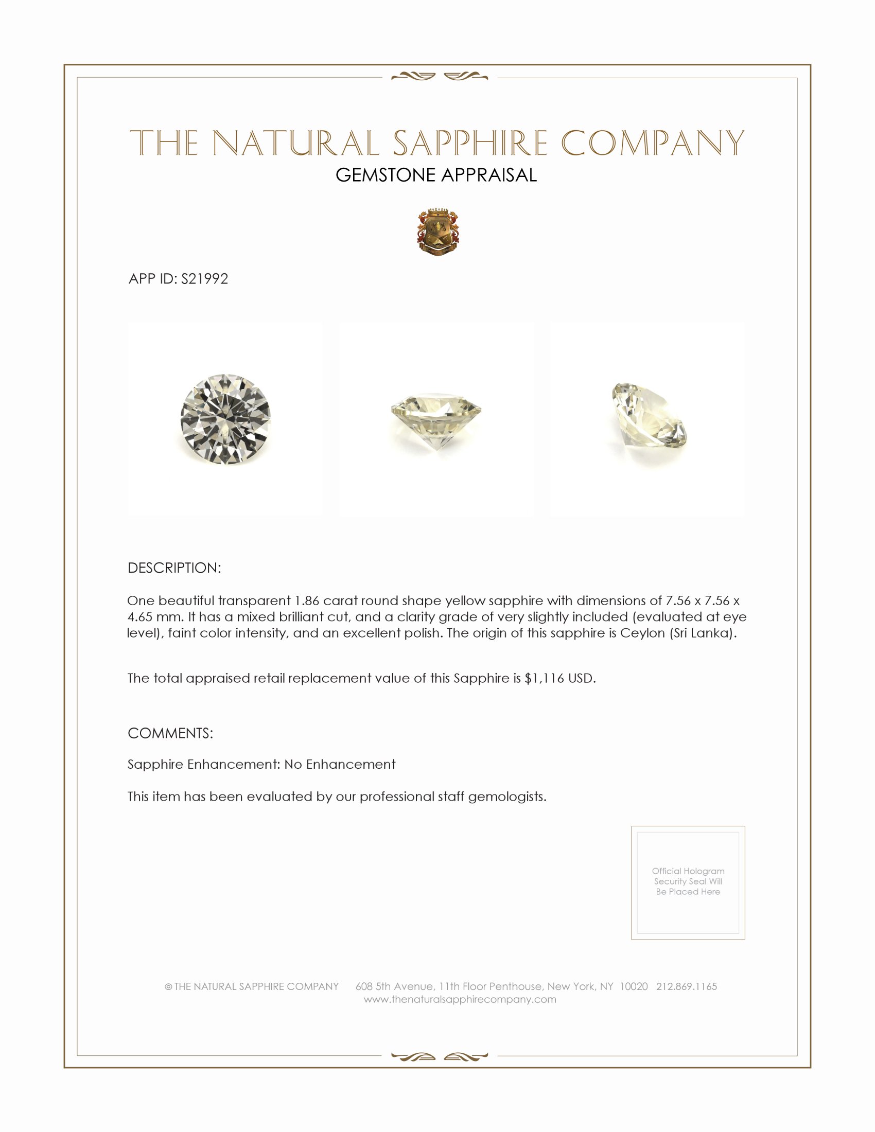 1.86 Ct. Yellow Sapphire from Ceylon (Sri Lanka)
