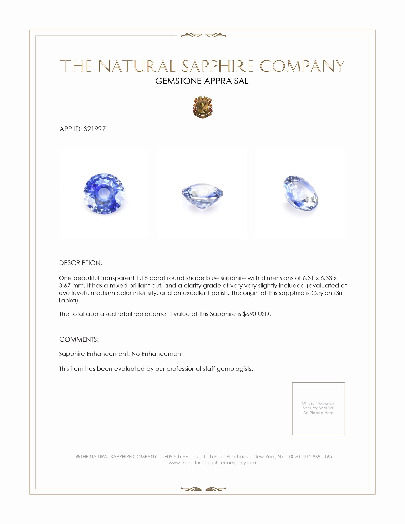 1.15 Ct. Blue Sapphire from Ceylon (Sri Lanka)