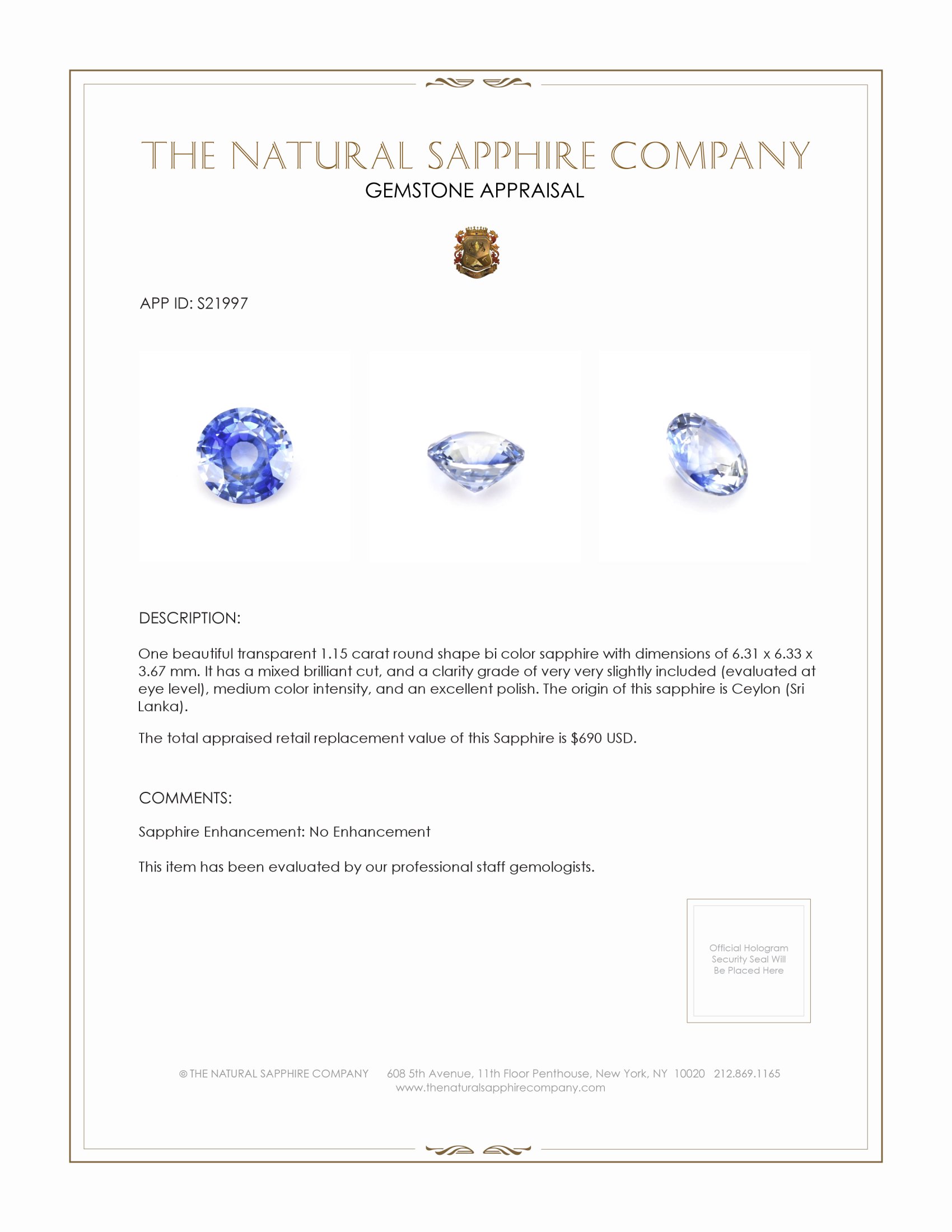 1.15 Ct. Bi Color Sapphire from Ceylon (Sri Lanka)