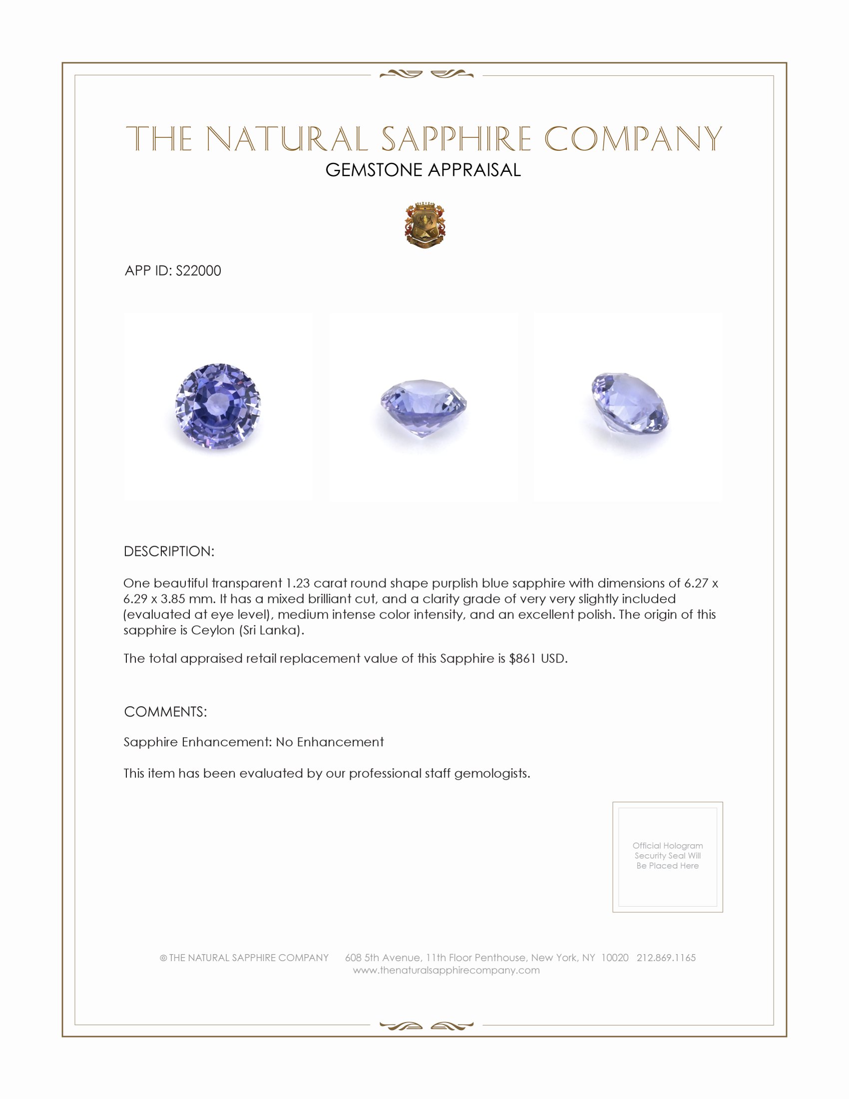 1.23 Ct. Purplish Blue Sapphire from Ceylon (Sri Lanka)