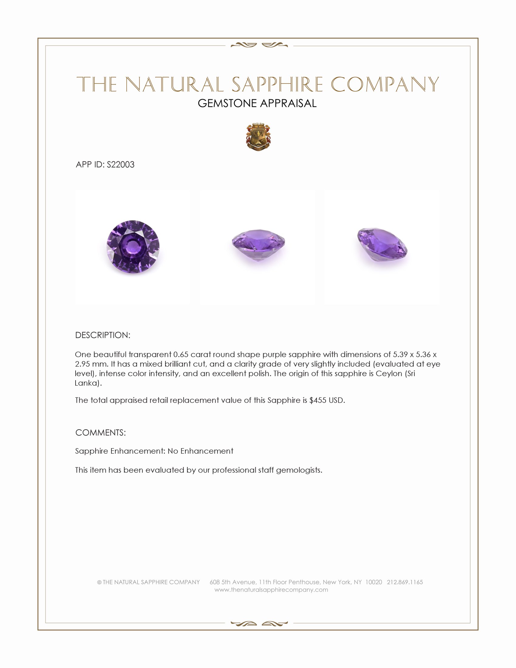 0.65 Ct. Purple Sapphire from Ceylon (Sri Lanka)
