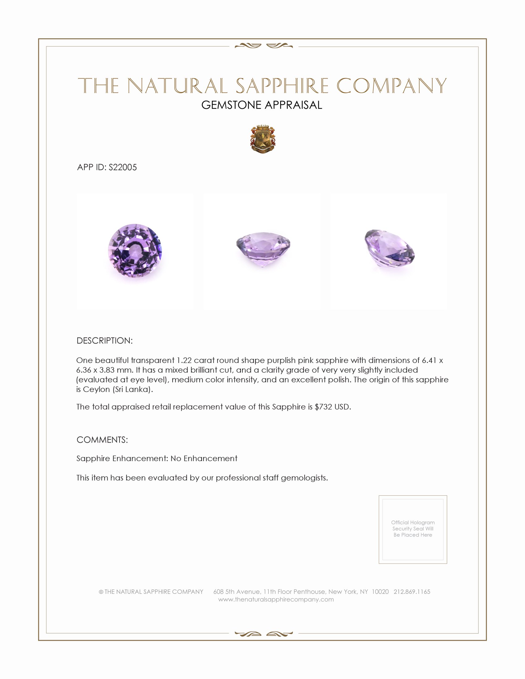 1.22 Ct. Purplish Pink Sapphire from Ceylon (Sri Lanka)