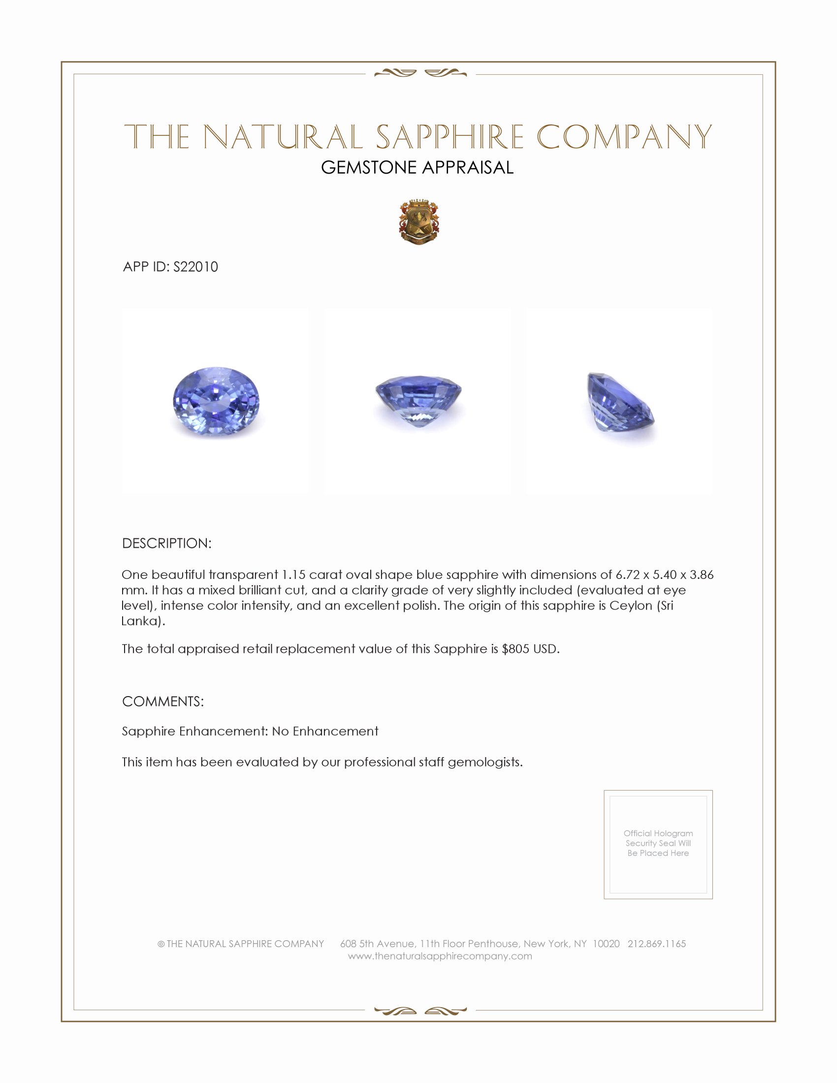 1.15 Ct. Blue Sapphire from Ceylon (Sri Lanka)