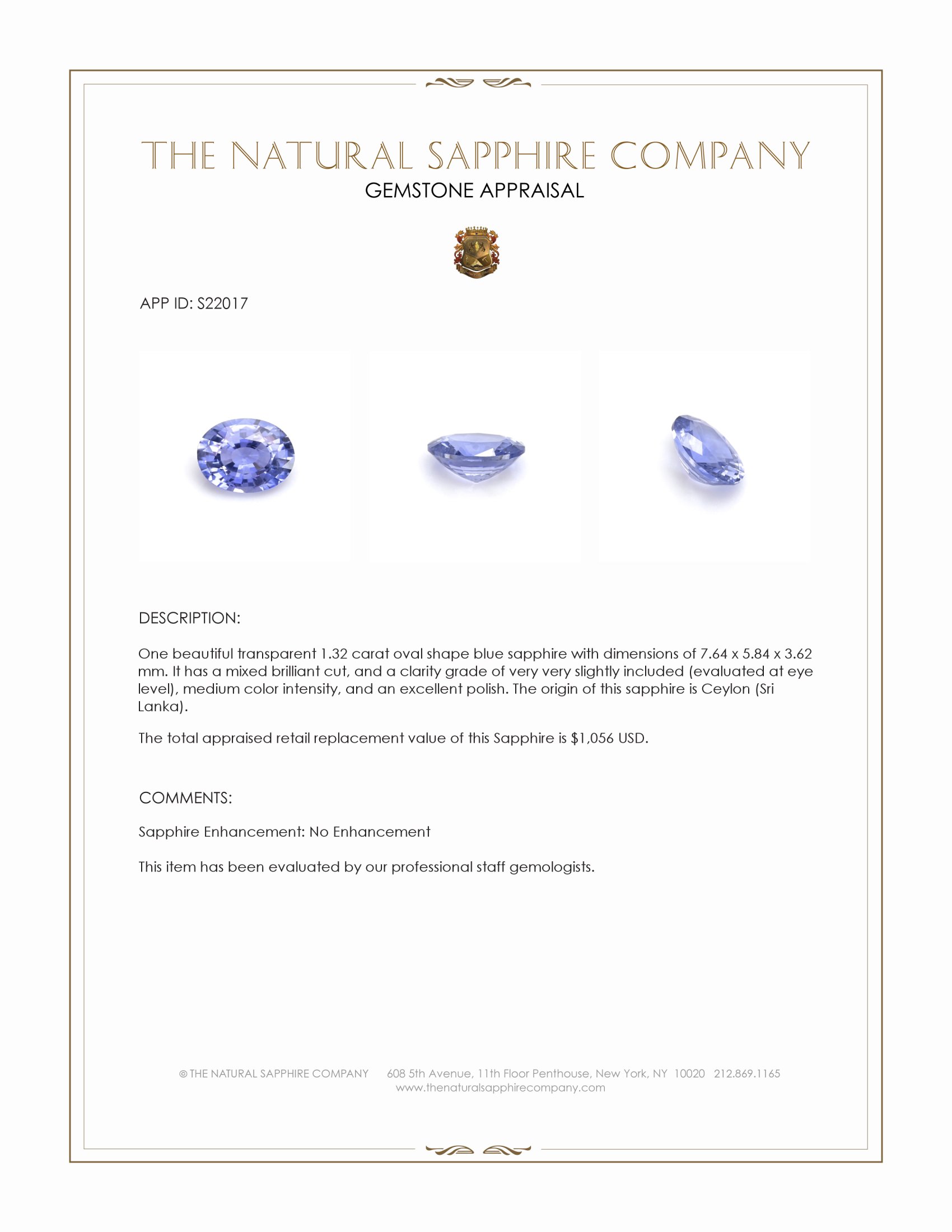 1.32 Ct. Blue Sapphire from Ceylon (Sri Lanka)