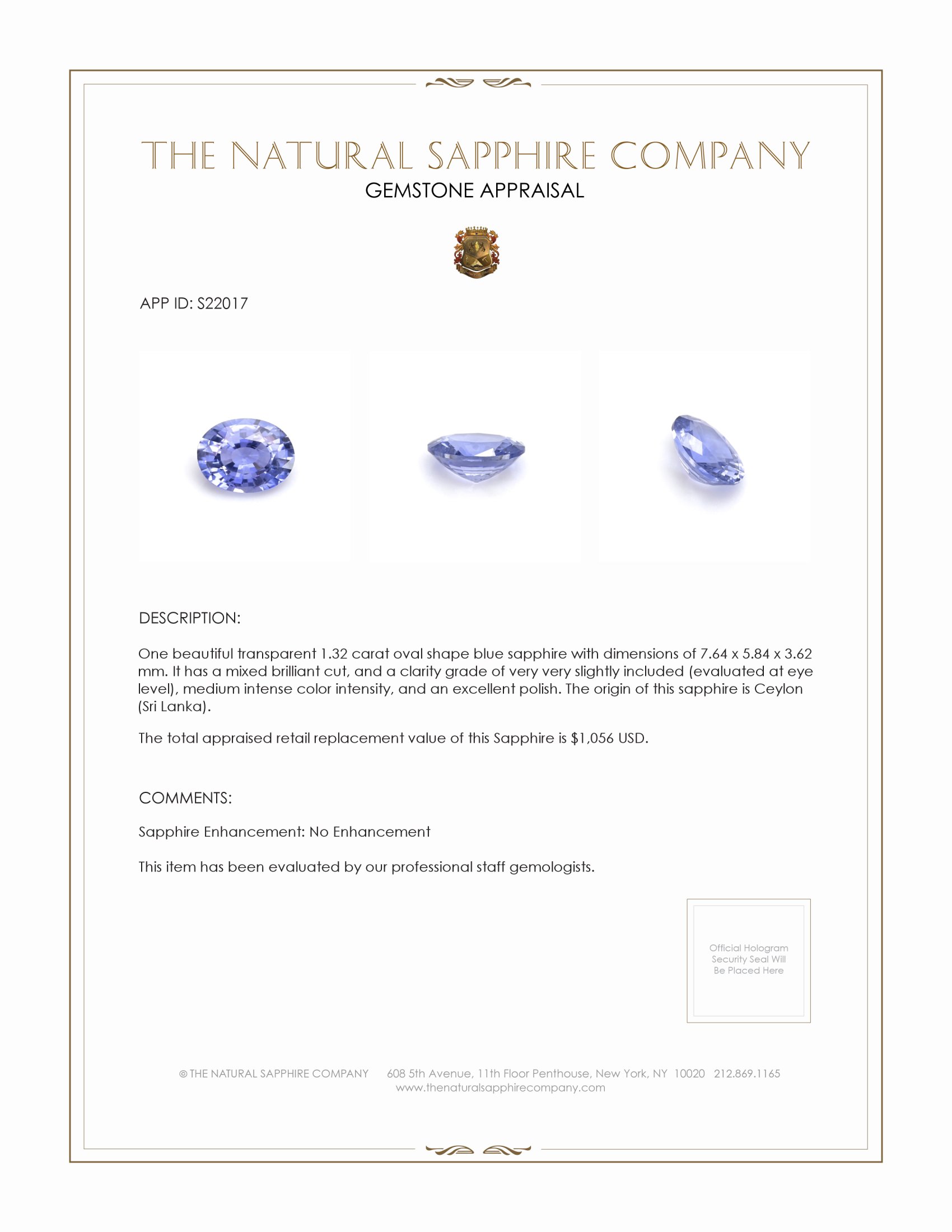 1.32 Ct. Blue Sapphire from Ceylon (Sri Lanka)