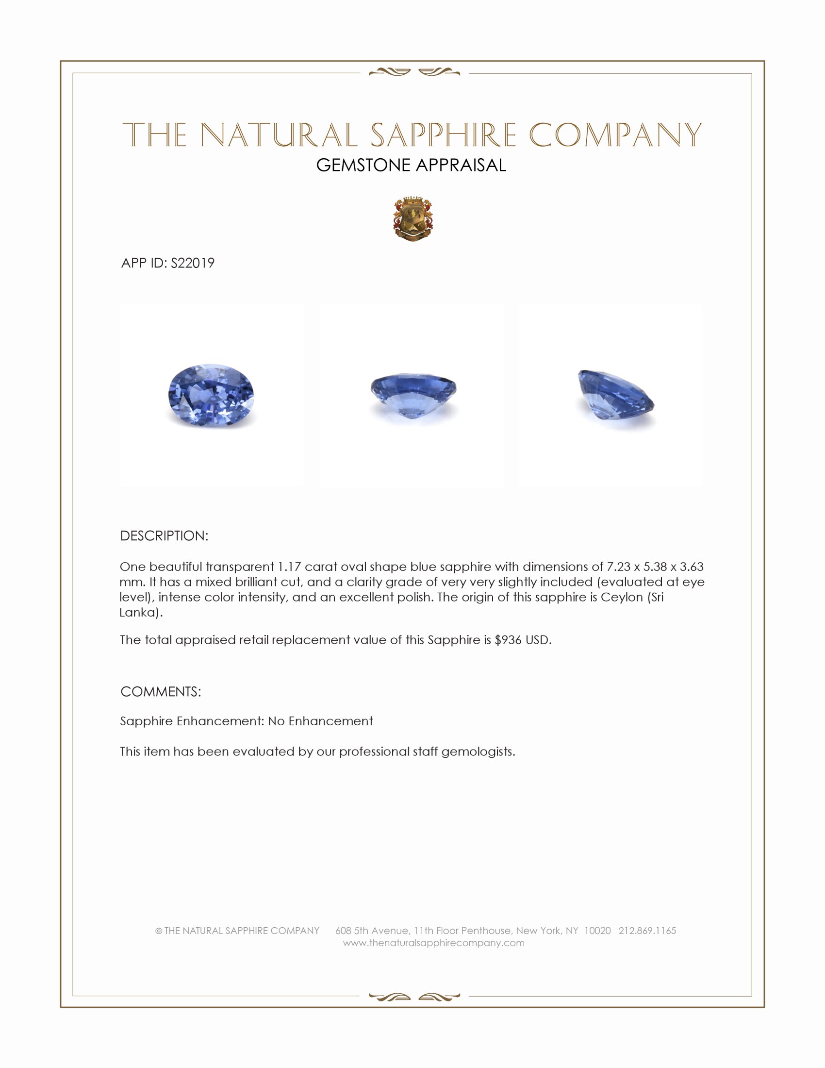 1.17 Ct. Blue Sapphire from Ceylon (Sri Lanka)