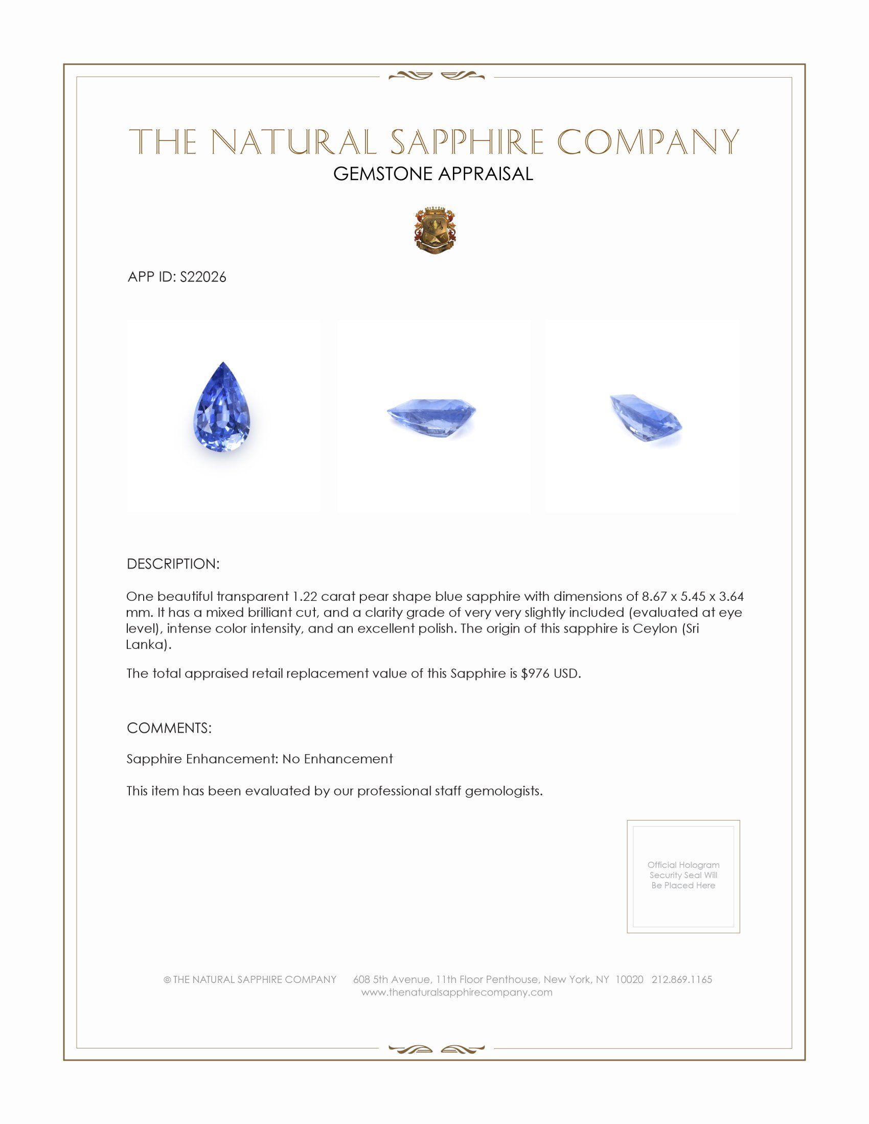 1.22 Ct. Blue Sapphire from Ceylon (Sri Lanka)